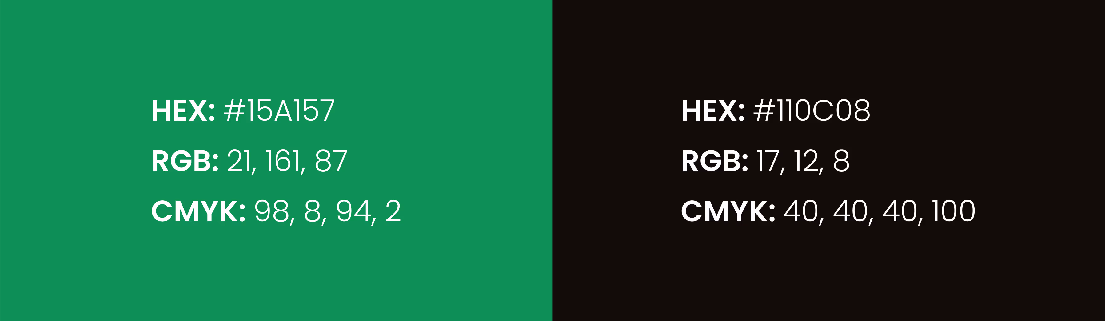 Dwa bloki kolorów obok siebie: zielony po lewej z wartościami HEX #15A157, RGB 21, 161, 87, CMYK 98, 8, 94, 2; czarny po prawej z wartościami HEX #110C08, RGB 17, 12, 8, CMYK 40, 40, 40, 100.