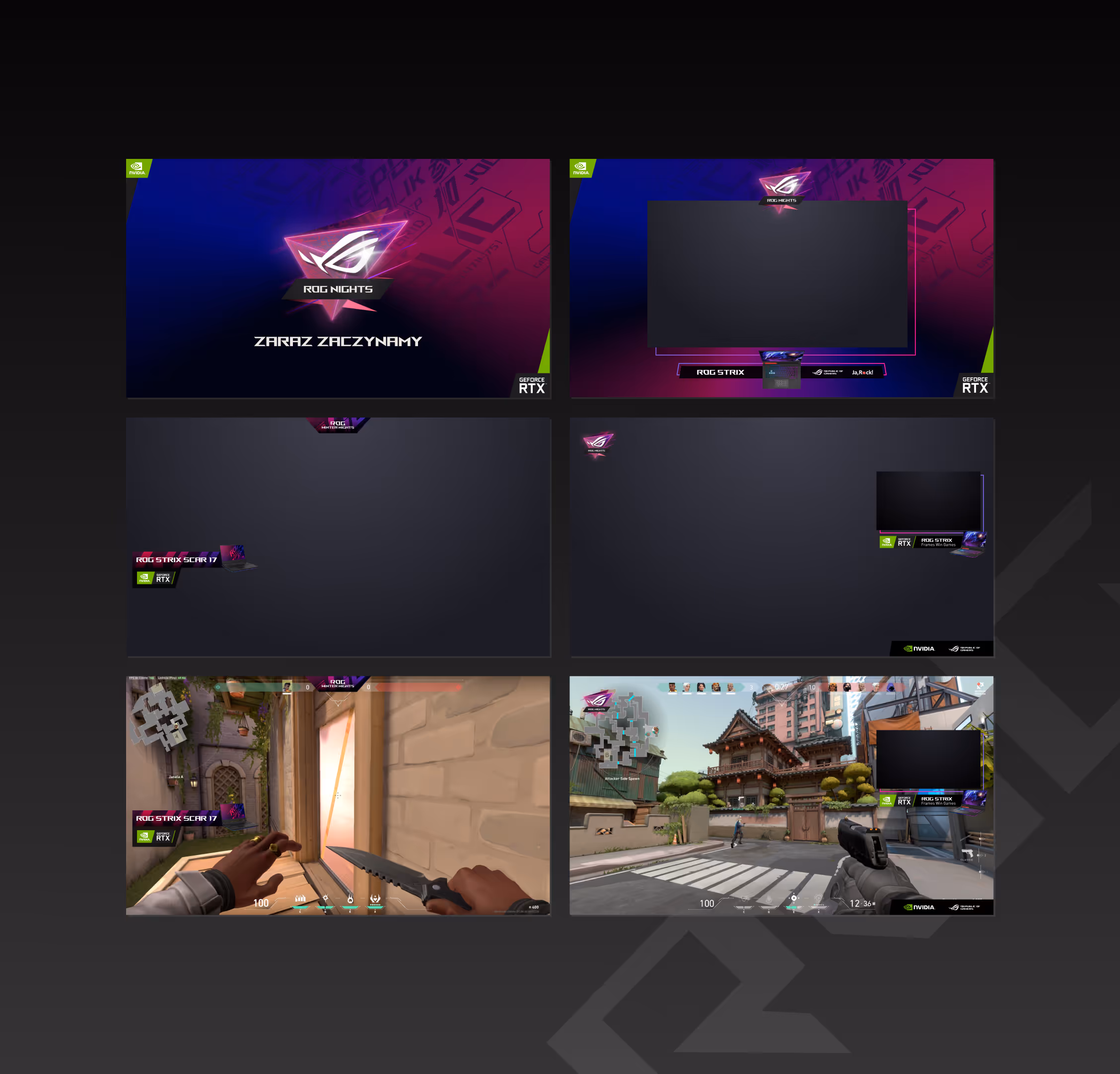 Kolaż sześciu zrzutów ekranu z gier i logo ROG Nights z grafikami NVIDIA GeForce RTX i ROG Strix.