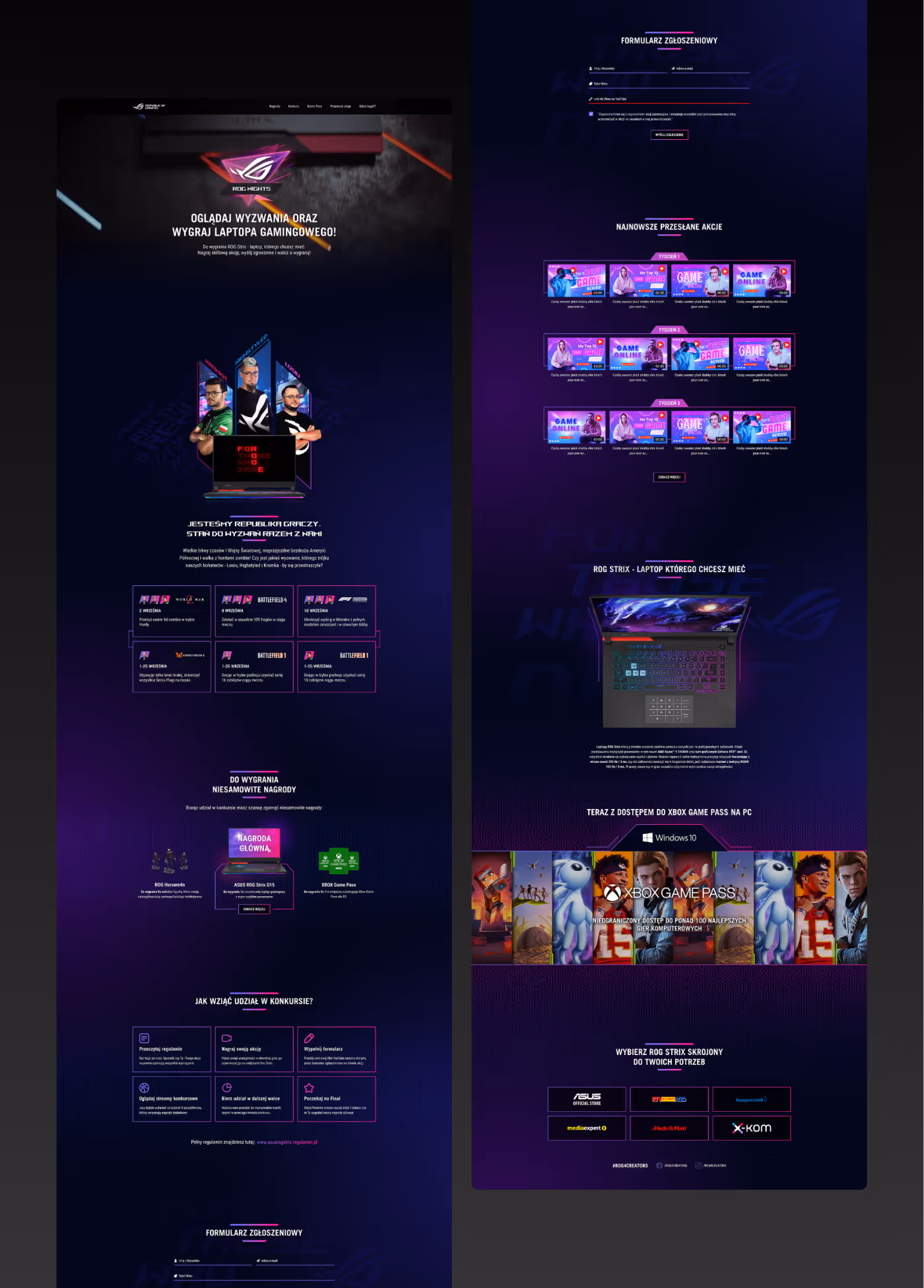 Strona konkursu gamingowego z wyzwaniami, nagrodami, formularzem zgłoszeniowym i ofertą laptopa ASUS ROG Strix oraz Xbox Game Pass.