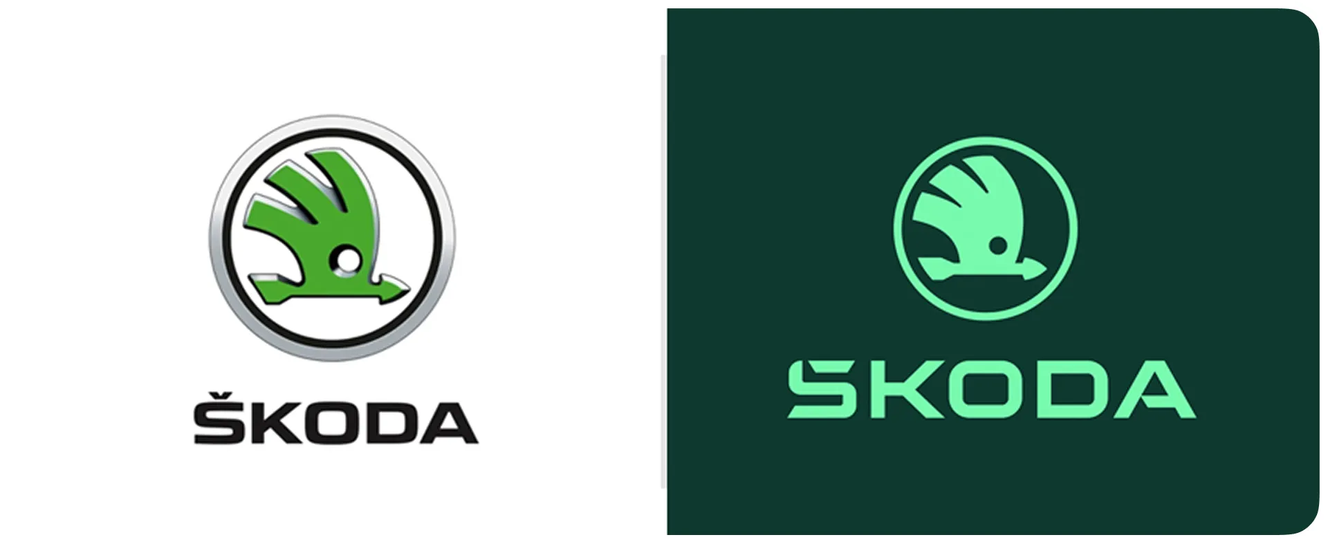 Dwa logo marki Škoda: po lewej zielone skrzydło w kole na białym tle, po prawej stylizowana wersja logo i nazwy na ciemnozielonym tle.