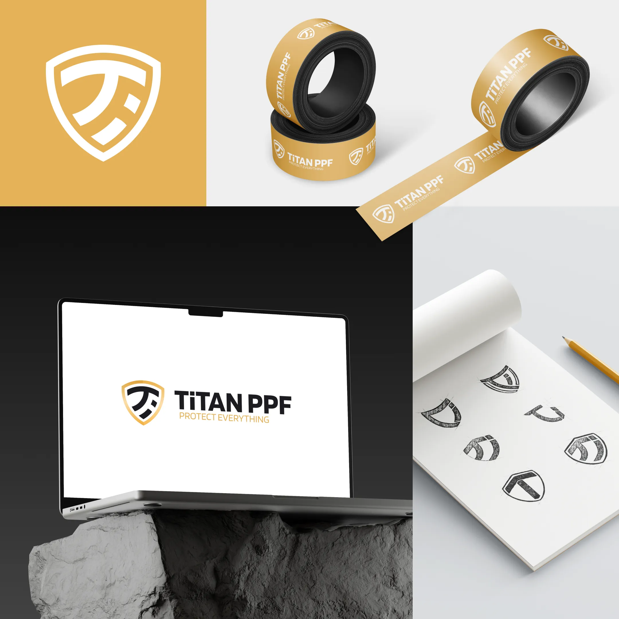 Kolaż logo Titan PPF: biały znak tarczy z rysunkiem w rogu, rolki taśmy z logo, laptop z logo i hasłem Protect Everything, szkicownik z różnymi wersjami logo oraz ołówek.