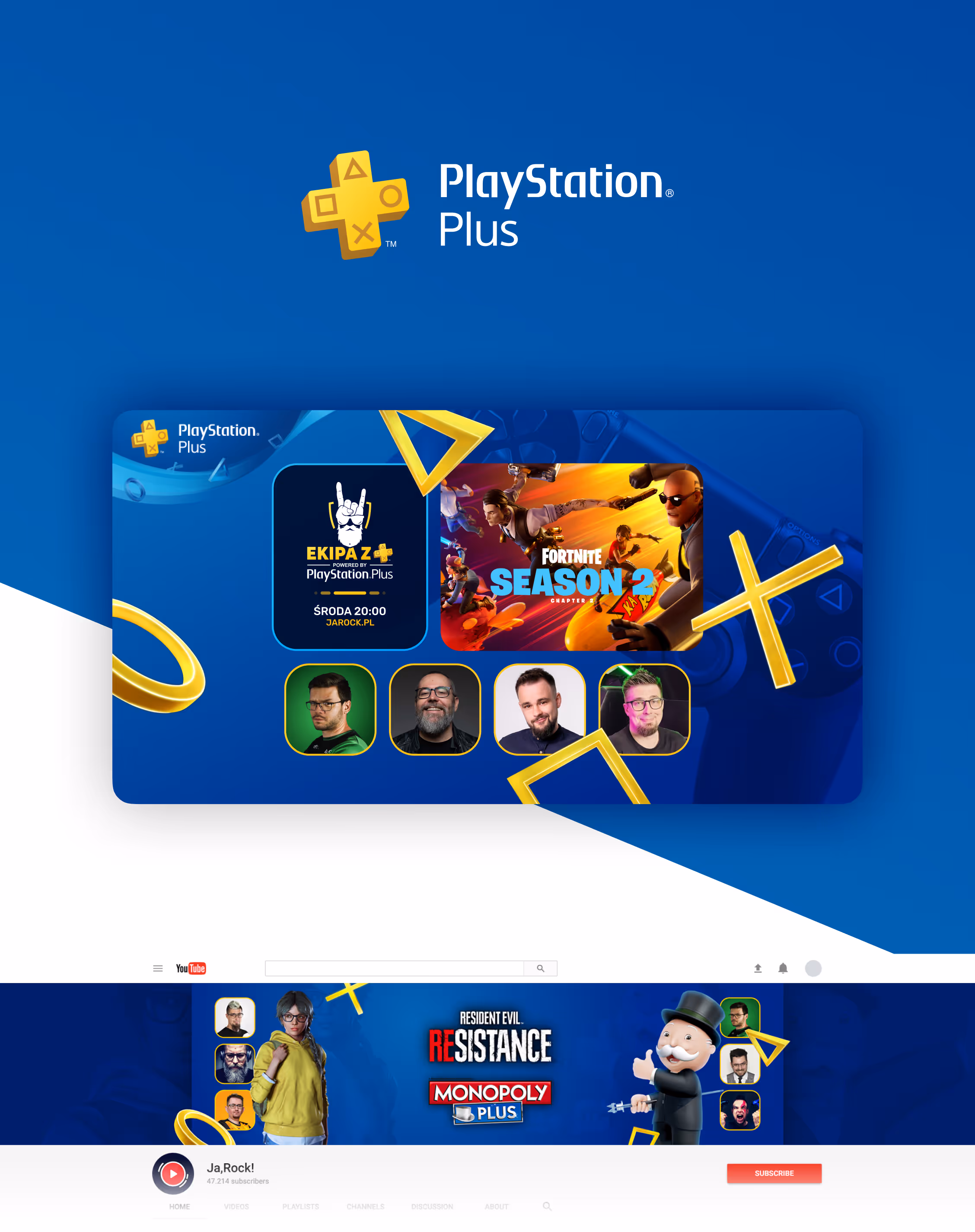 Strona PlayStation Plus z promocyjnymi grafikami Fortnite Season 2, Resident Evil Resistance Monopoly Plus i zdjęciami czterech osób oraz kanałem YouTube Ja,Rock! z przyciskiem subskrypcji.
