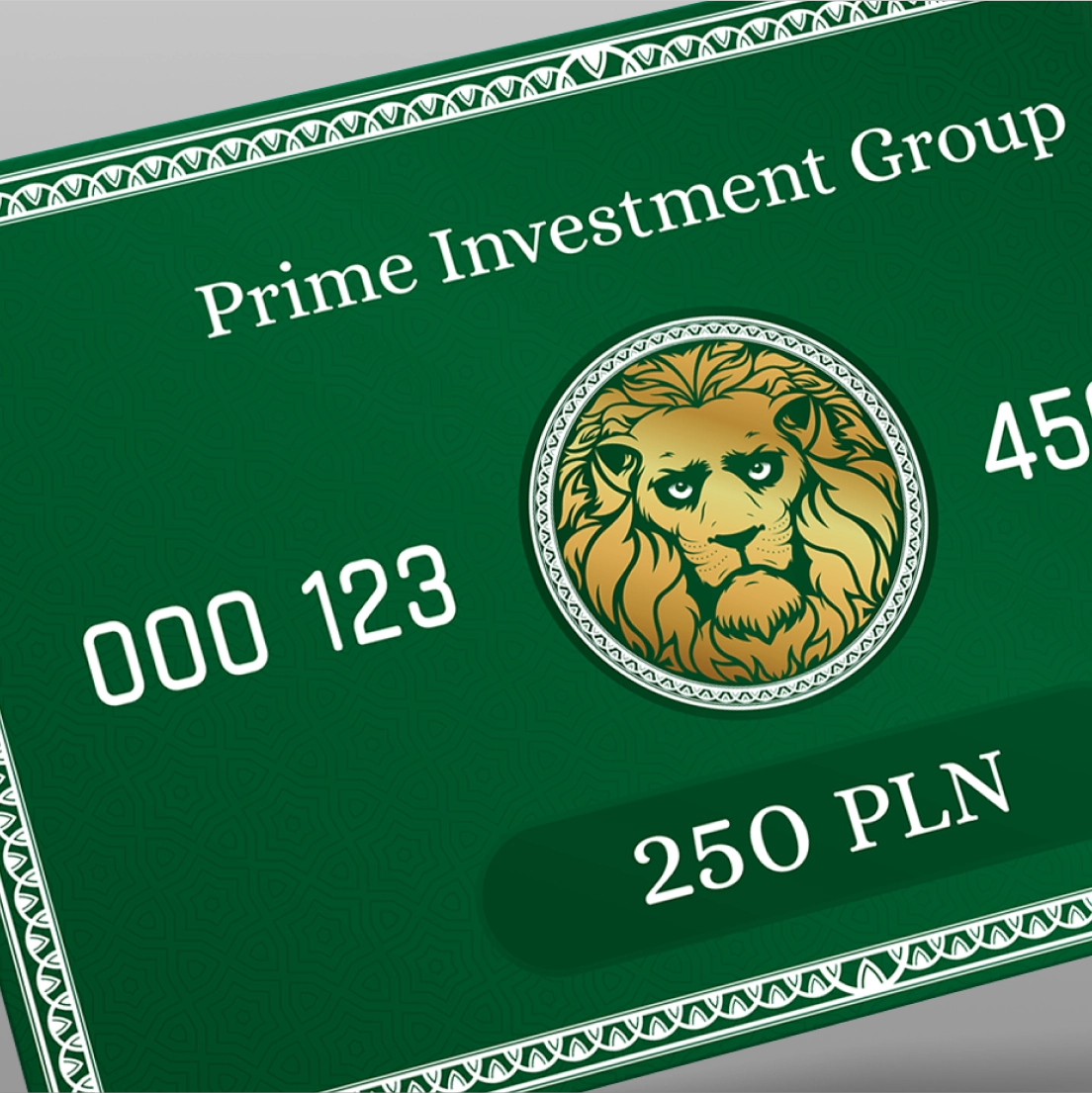 Zielona karta inwestycyjna Prime Investment Group z wizerunkiem złotego lwa i napisem 250 PLN.
