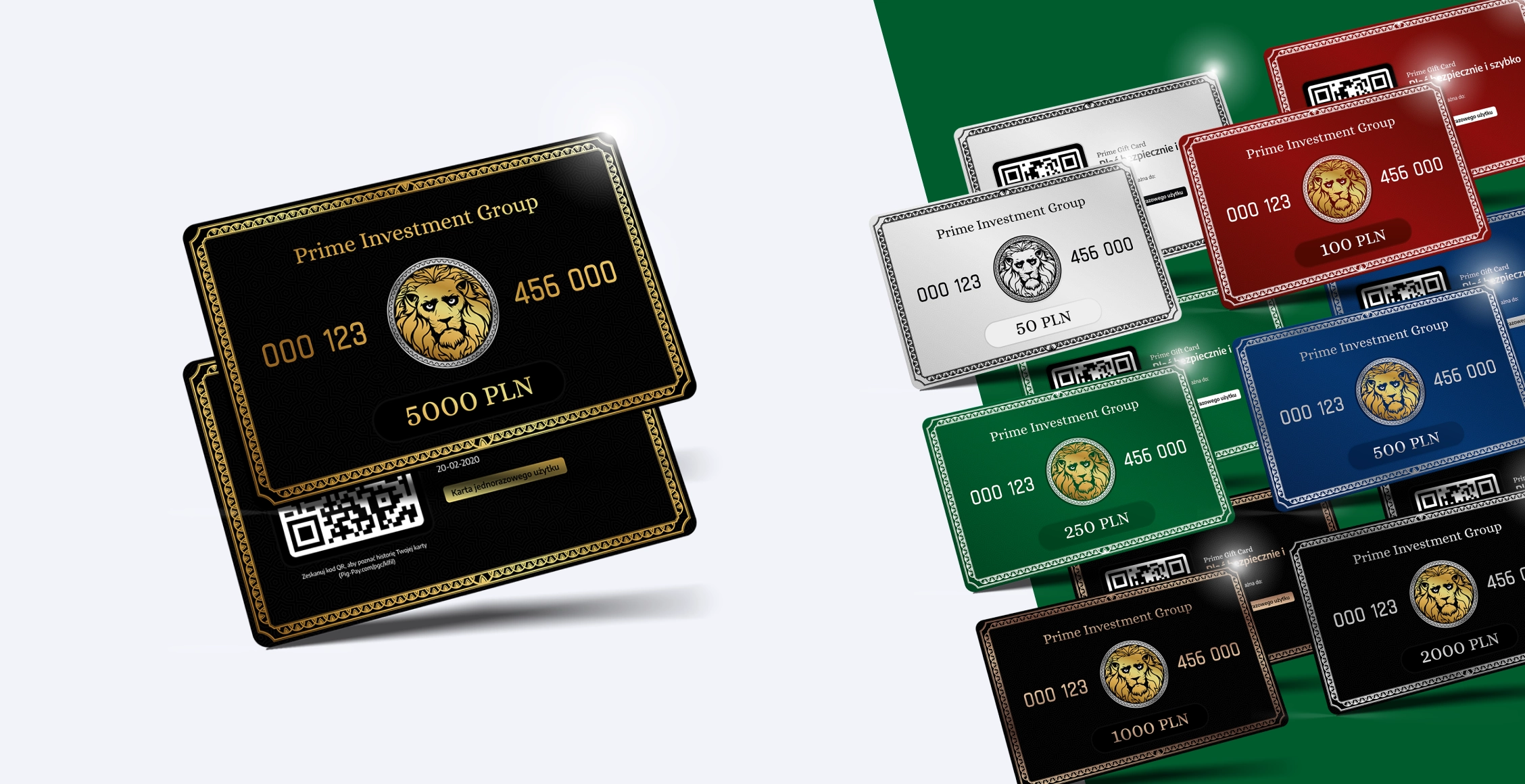 Zestaw kart podarunkowych Prime Investment Group w różnych kolorach i wartościach od 50 do 5000 PLN, każda z logo lwa i kodem QR.