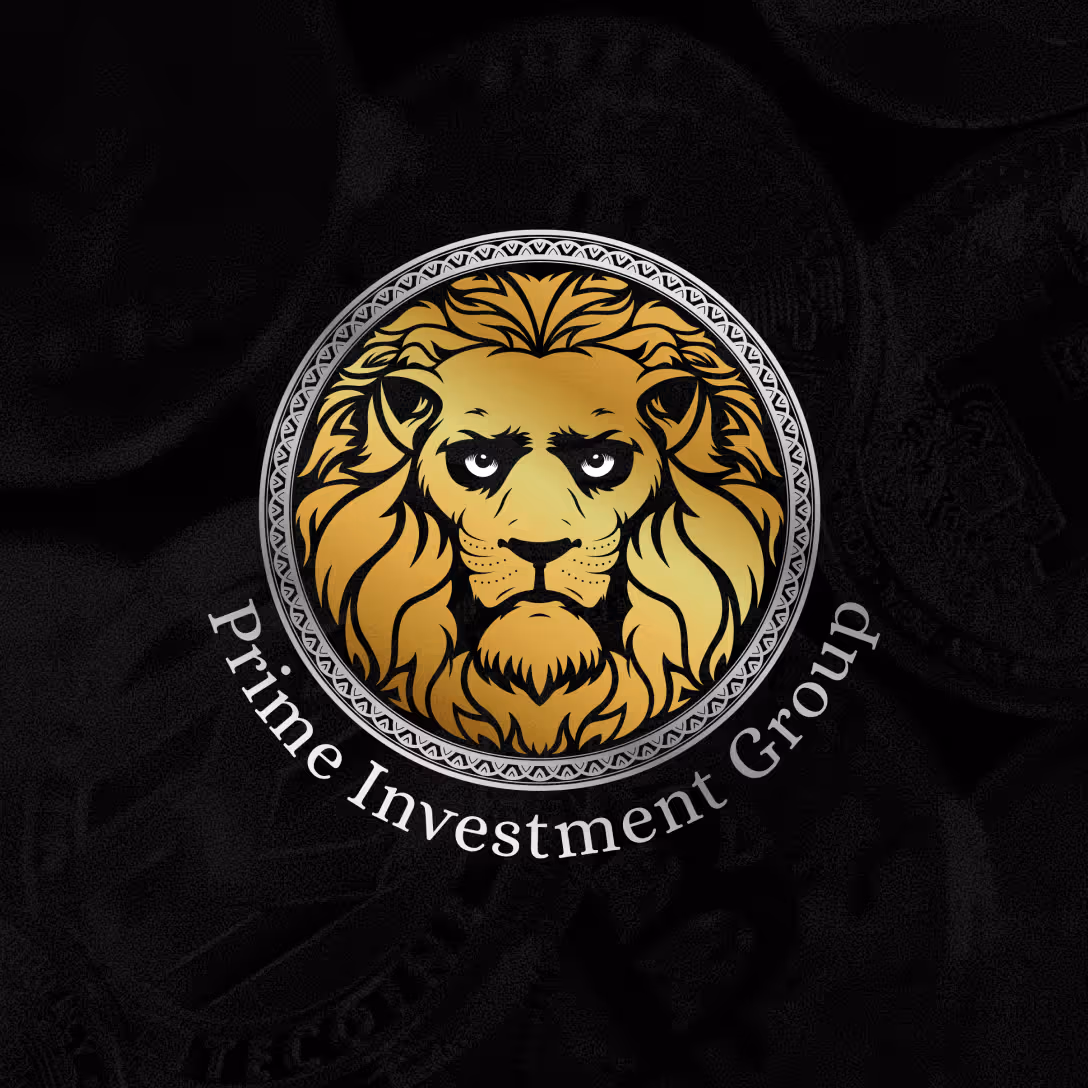 Projekt logo Prime Investment Group przedstawiajce złotą głowę lwa w srebrnej ramce na czarnym tle z napisem Prime Investment Group.