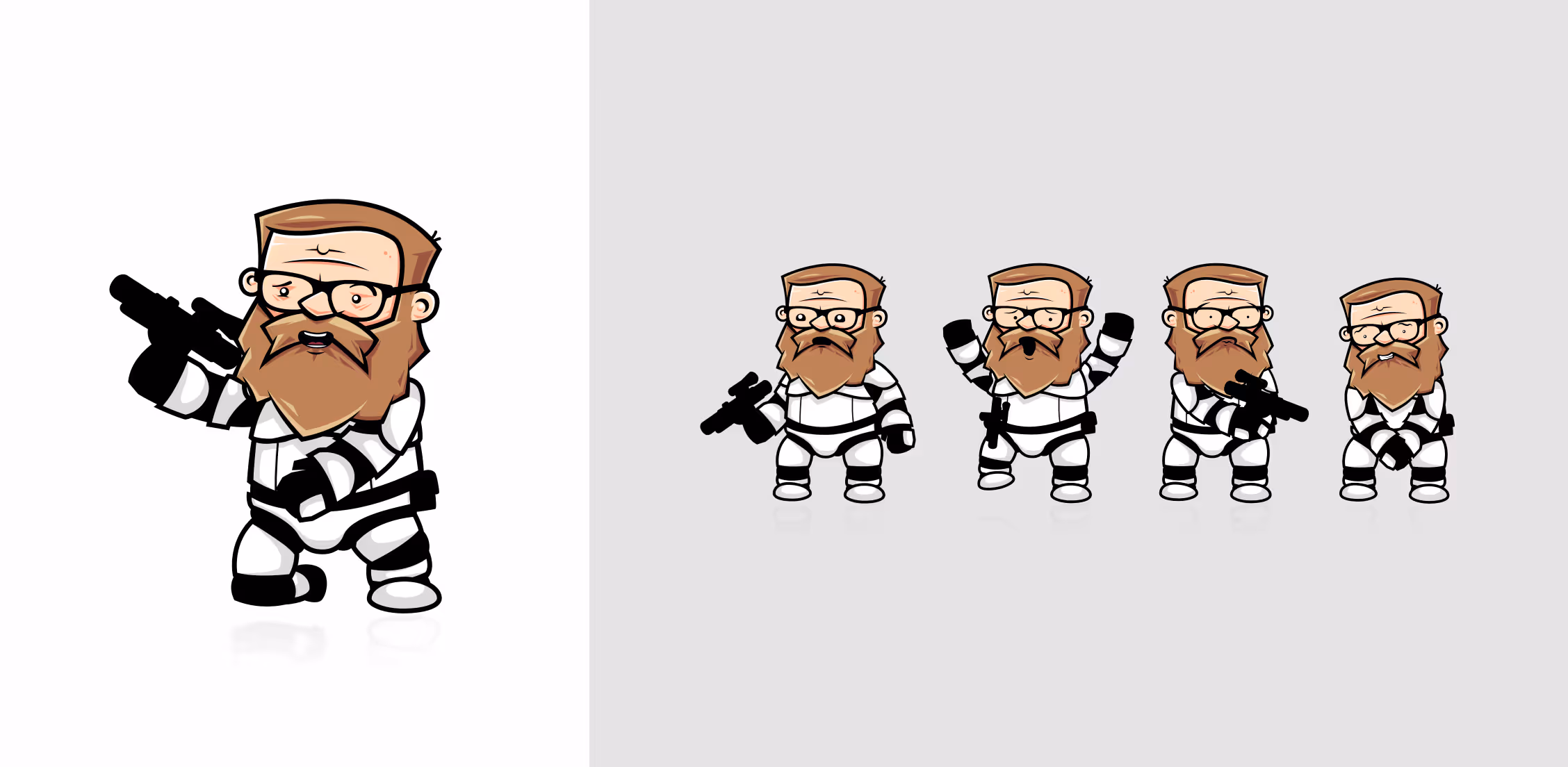 Postać kreskówkowa Remigiusza Maciaszka Rock Alone w białym stroju kosmicznym trzymającego broń, pokazana w różnych pozach.