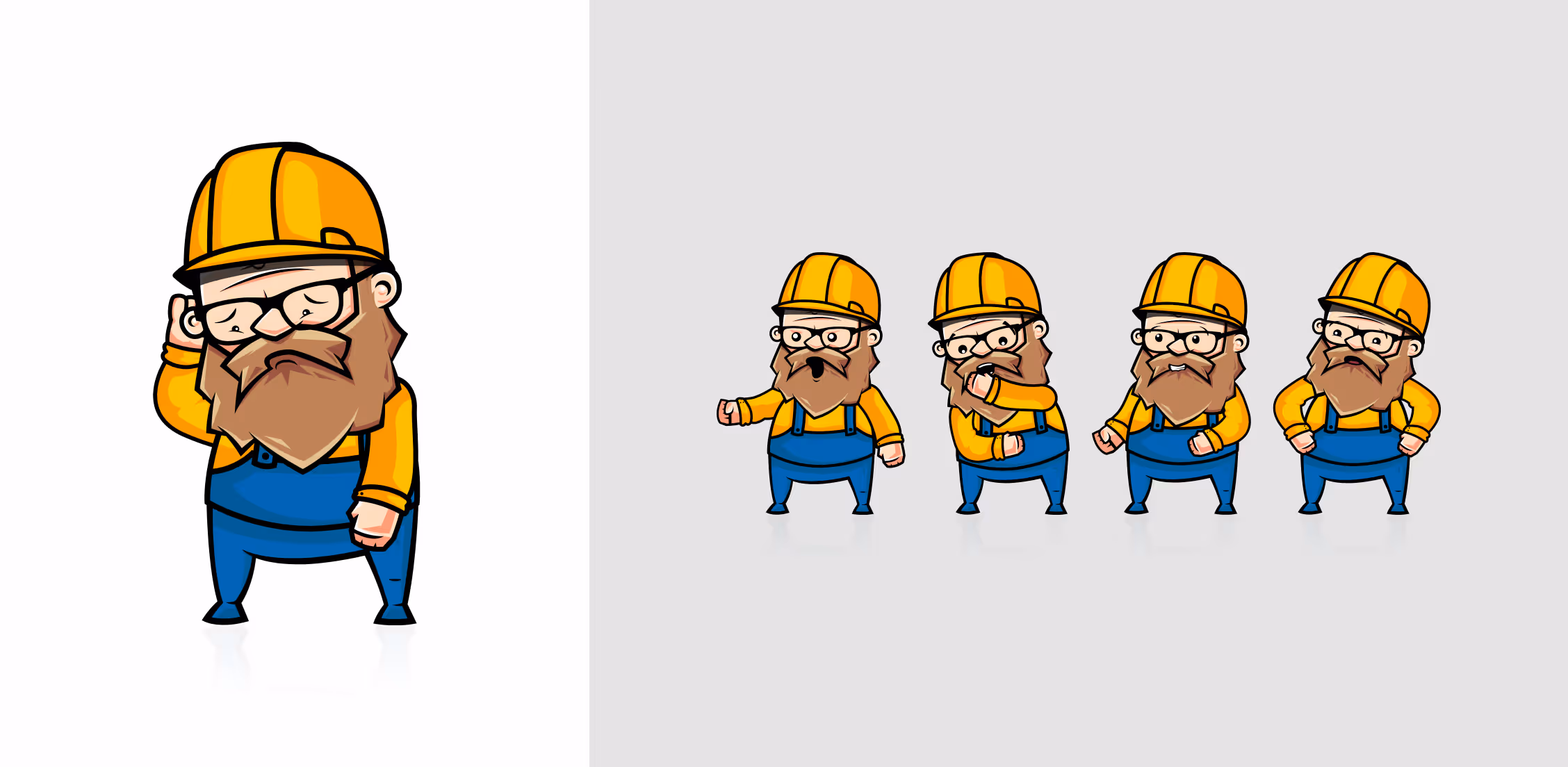 Postać Remigiusza Maciaszka Rock Alone jako robotnika z kaskiem i brodą wyrażająca różne emocje i gesty, w tym zdziwienie, kaszel, uśmiech i złość.