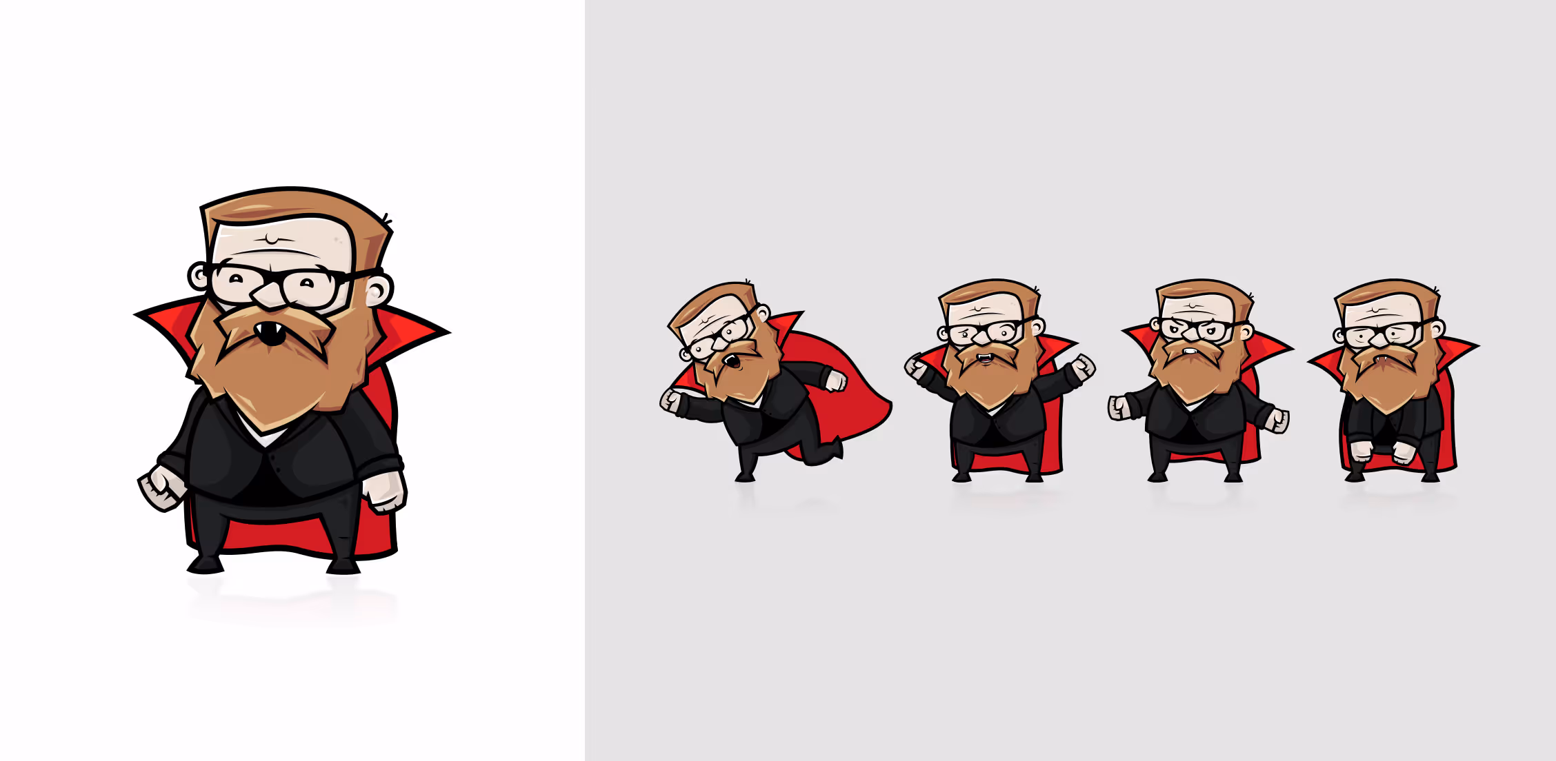 Seria postaci Remigiusza Maciaszka Rock Alone w czarnym garniturze z czerwoną peleryną, w różnych pozach.