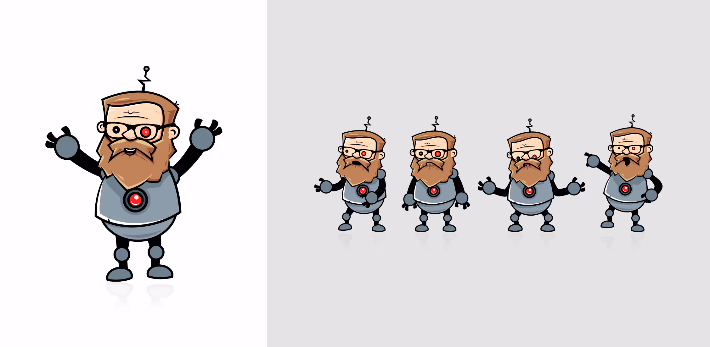 Postać Remigiusza Maciaszka Rock Alone jako robota z długą brązową brodą, antenką na głowie i czerwonym okiem w okularach, w różnych pozach.