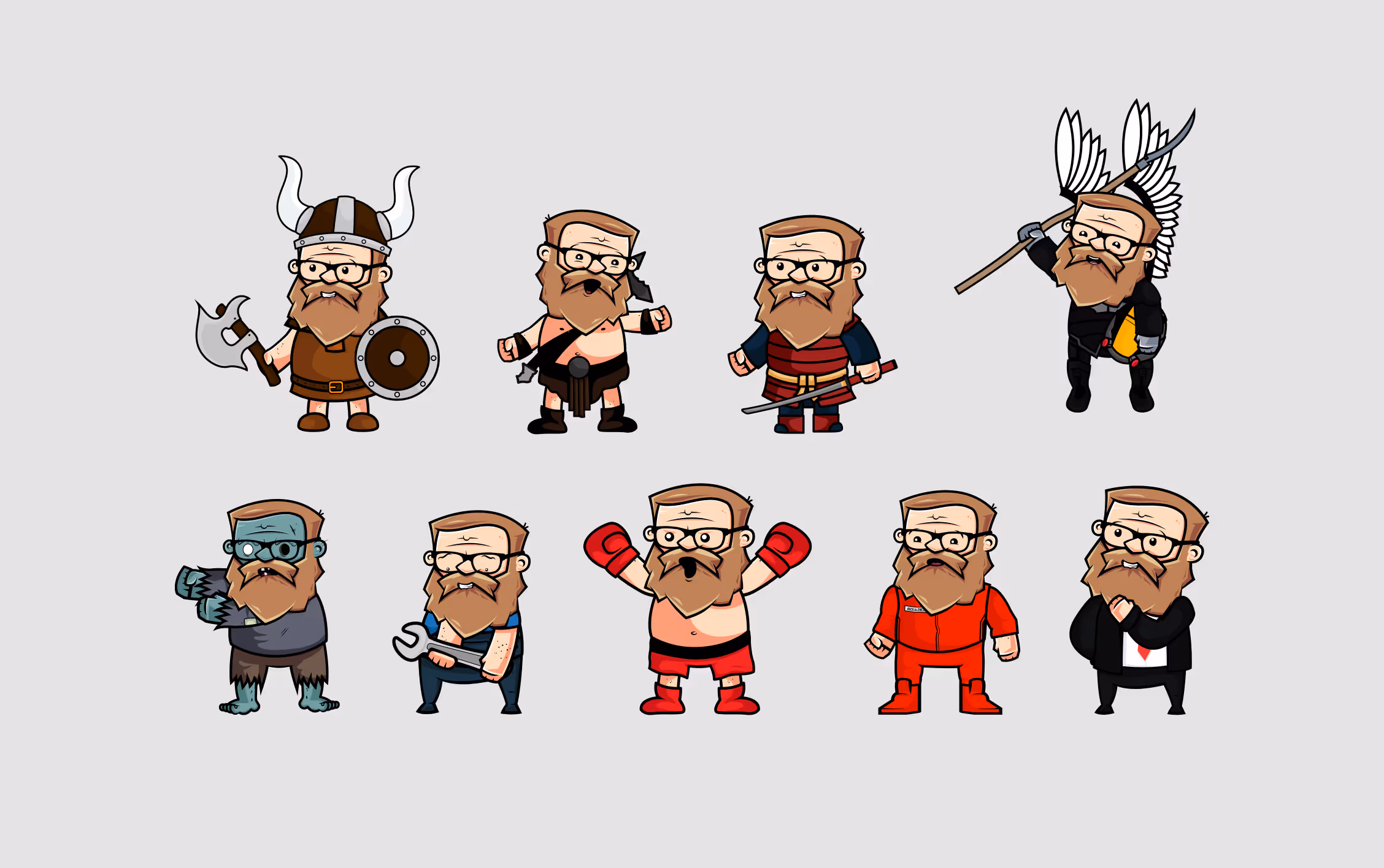 Dziewięć kreskówkowych postaci Remigiusza Maciaszka Rock Alone w różnych kostiumach, w tym wikinga, wojownika, boksera, mechanika, zombie i biznesmena.