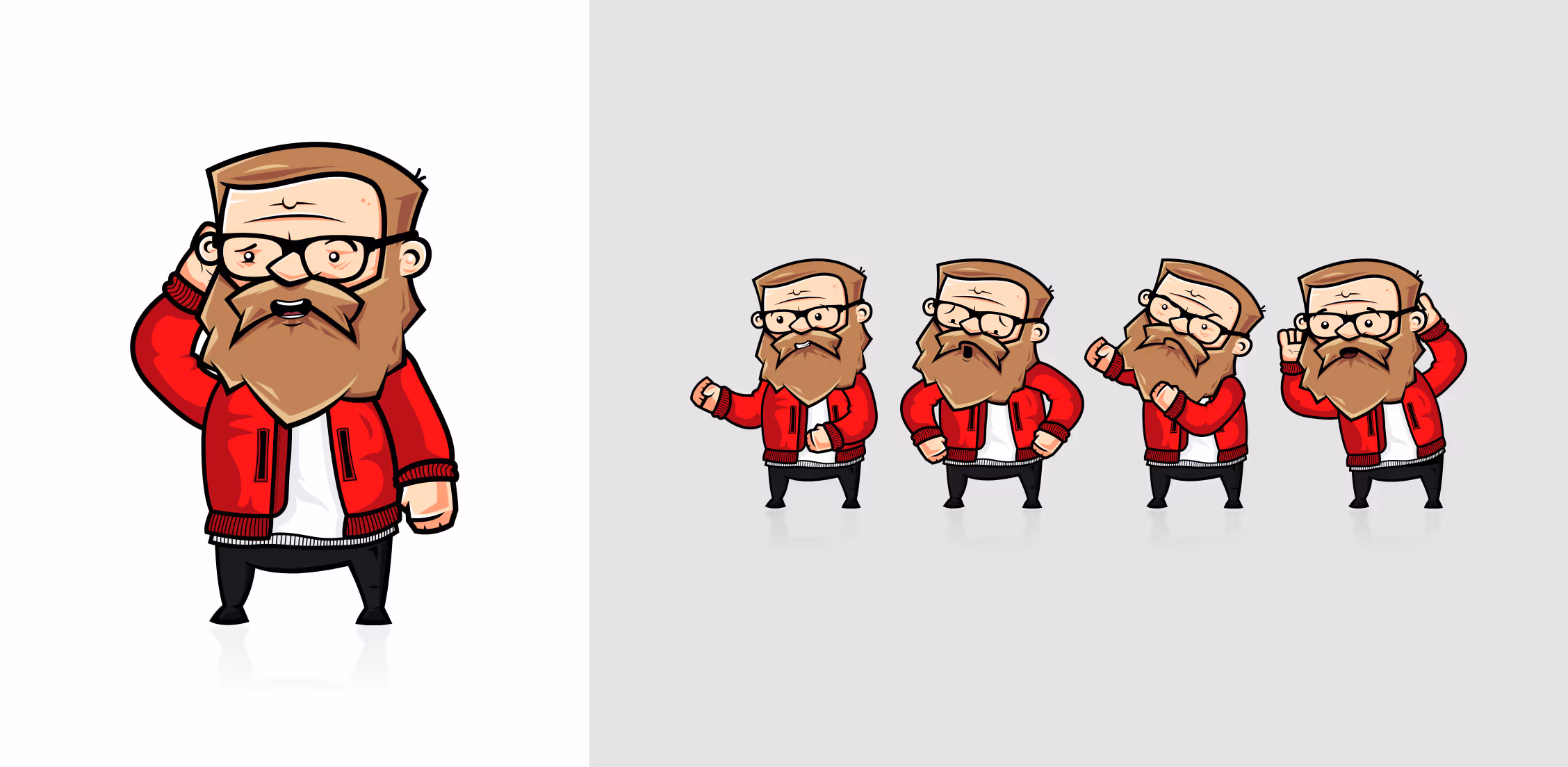 Rysunkowa postać Remigiusza Maciaszka Rock Alone z brodą, okularami i czerwoną kurtką, przedstawiona w pięciu różnych pozach na szarym tle.