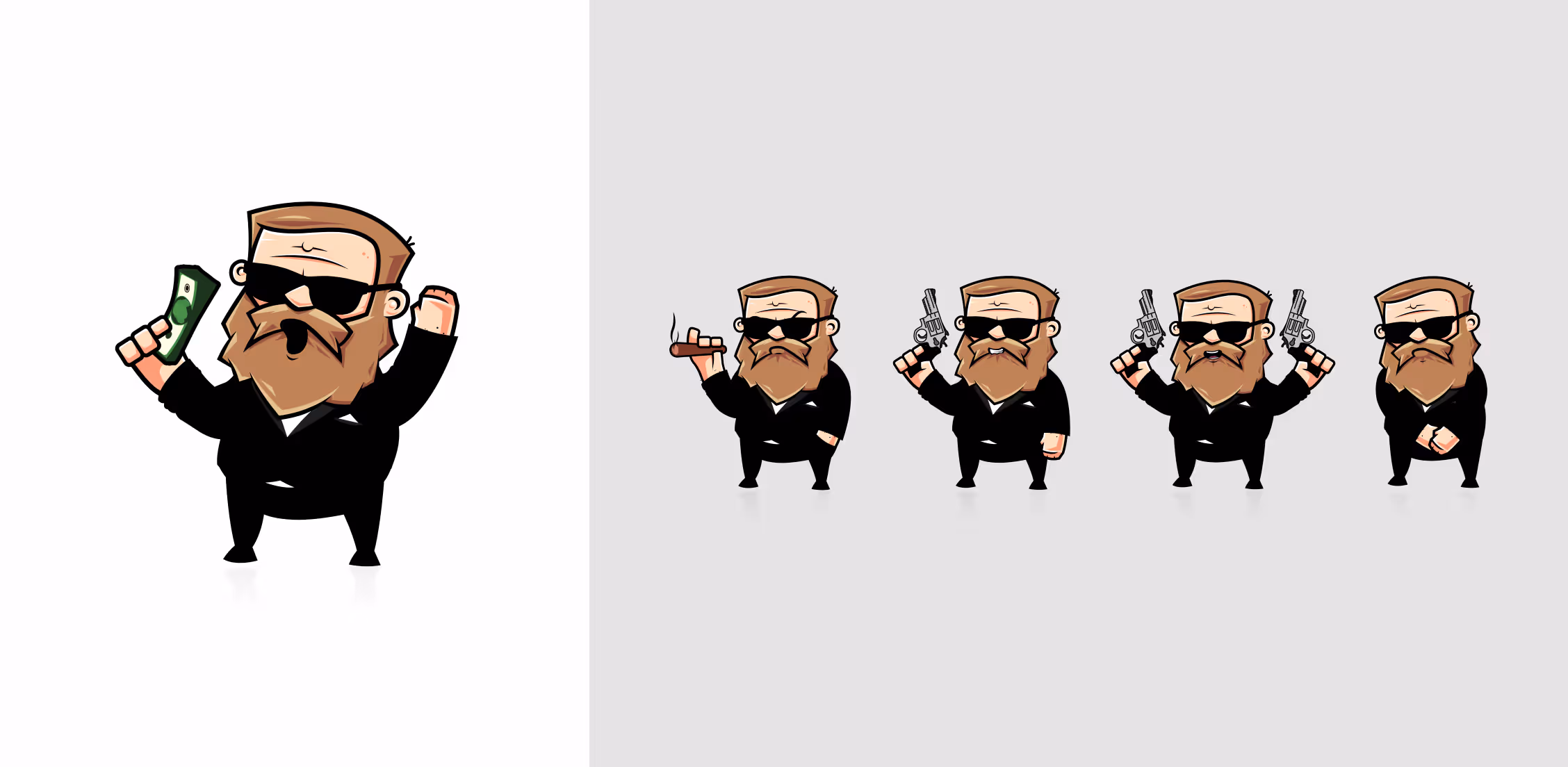 Rysunkowa postać Remigiusza Maciaszka Rock Alone w czarnym garniturze, trzymająca banknot, cygaro lub rewolwer, w różnych pozach.