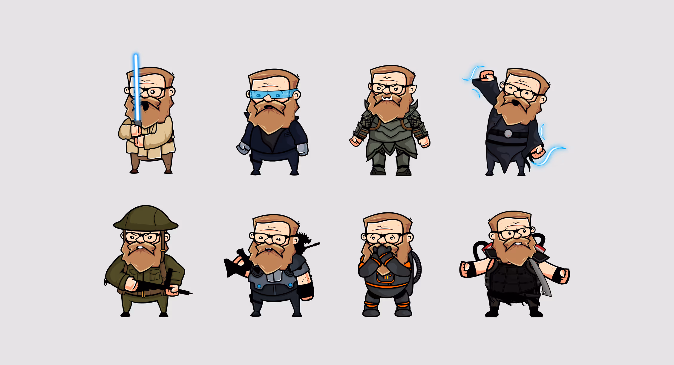 Osiem kreskówkowych postaci Remigiusza Maciaszka Rock Alone w różnych kostiumach, od rycerza z mieczem świetlnym, przez futurystyczną zbroję, po żołnierza i wojownika z bronią.