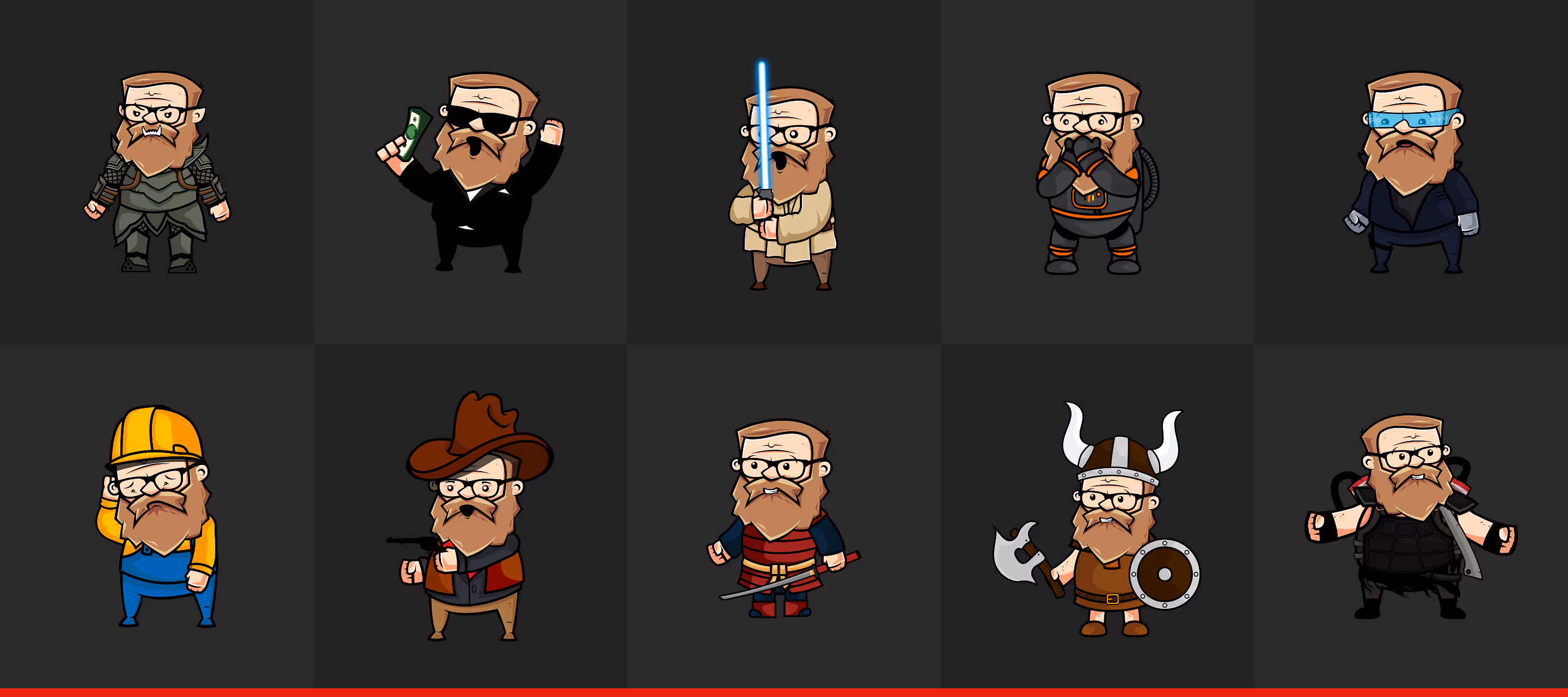 Dziesięć kreskówkowych postaci Remigiusza Maciaszka w różnych kostiumach, w tym rycerza, agenta z pieniędzmi, wojownika z mieczem świetlnym, strażaka, kowboja z pistoletem, samuraja, wikinga i wojownika z toporem.