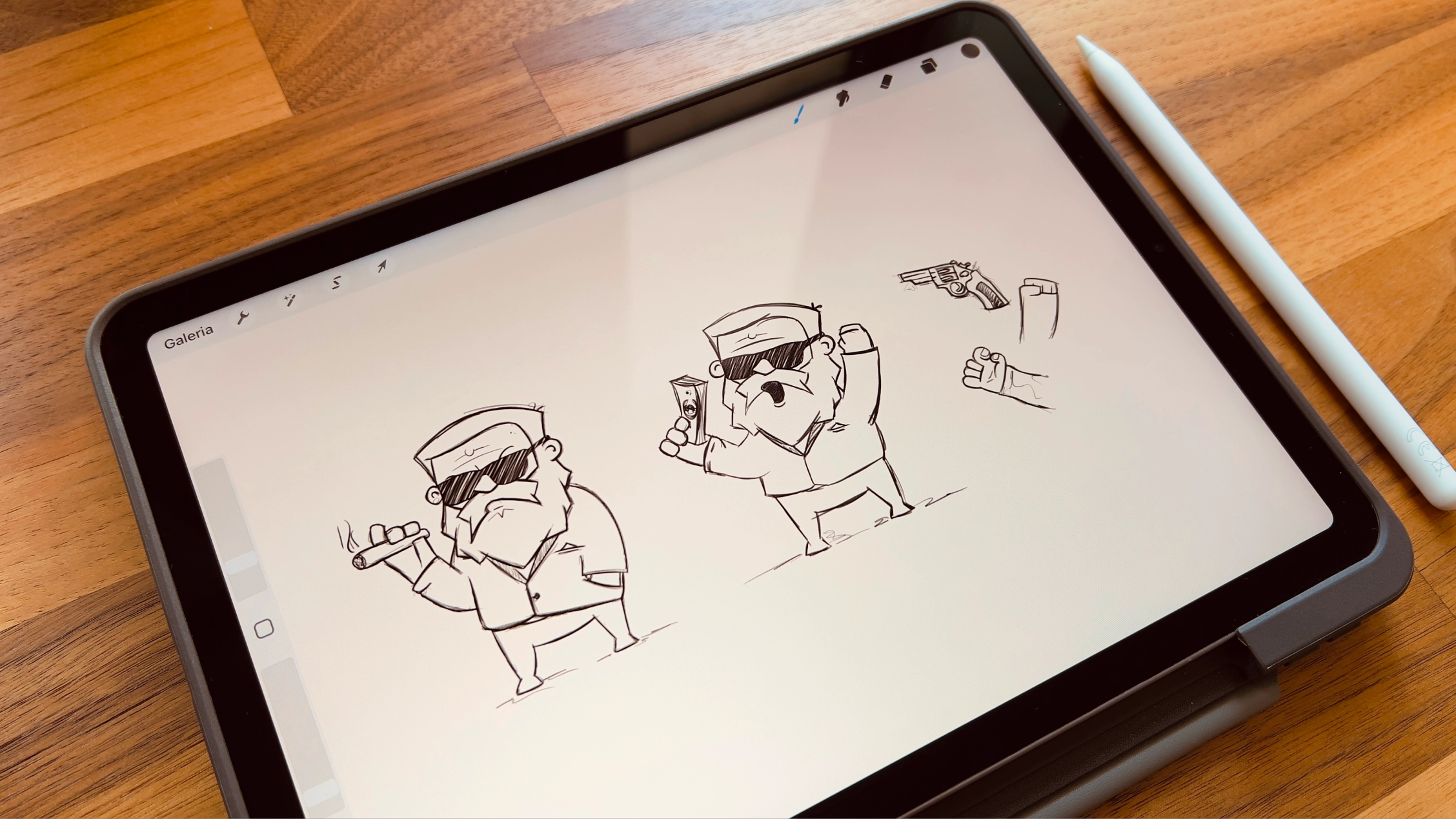 Ekran tabletu pokazujący szkic dwóch postaci Remigiusza Maciaszka Rock Alone, jeden pali cygaro, drugi trzyma banknot, obok szkic rewolweru i dwóch rąk.