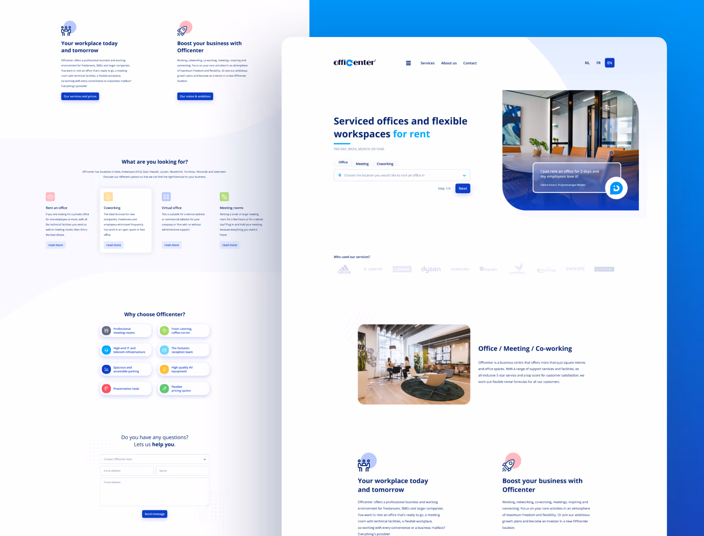 Strona internetowa Officenter z ofertą wynajmu biur, coworkingu i sal konferencyjnych, formularzem kontaktowym i zdjęciami nowoczesnych przestrzeni biurowych.