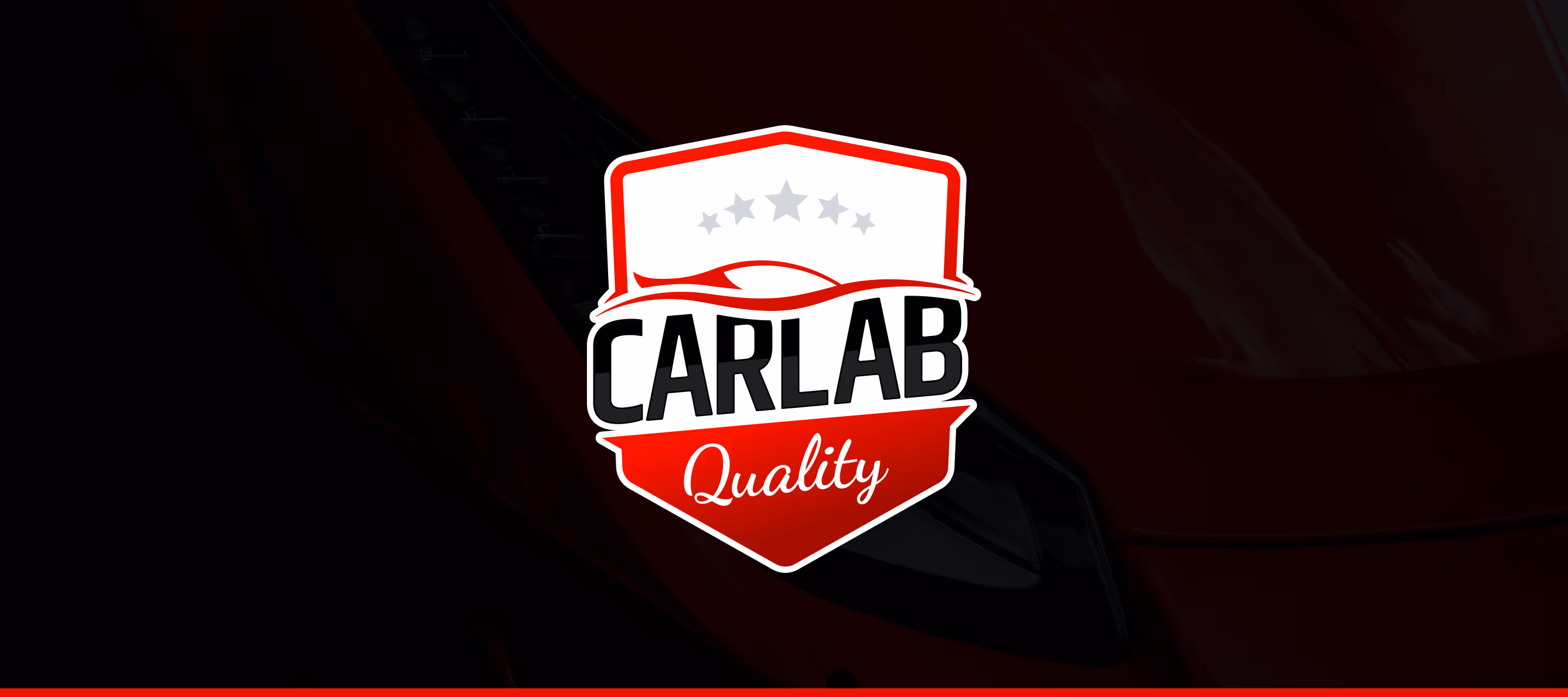 Logo CAR LAB z sylwetką samochodu, pięcioma gwiazdkami oraz napisem Quality na czerwonym tle.