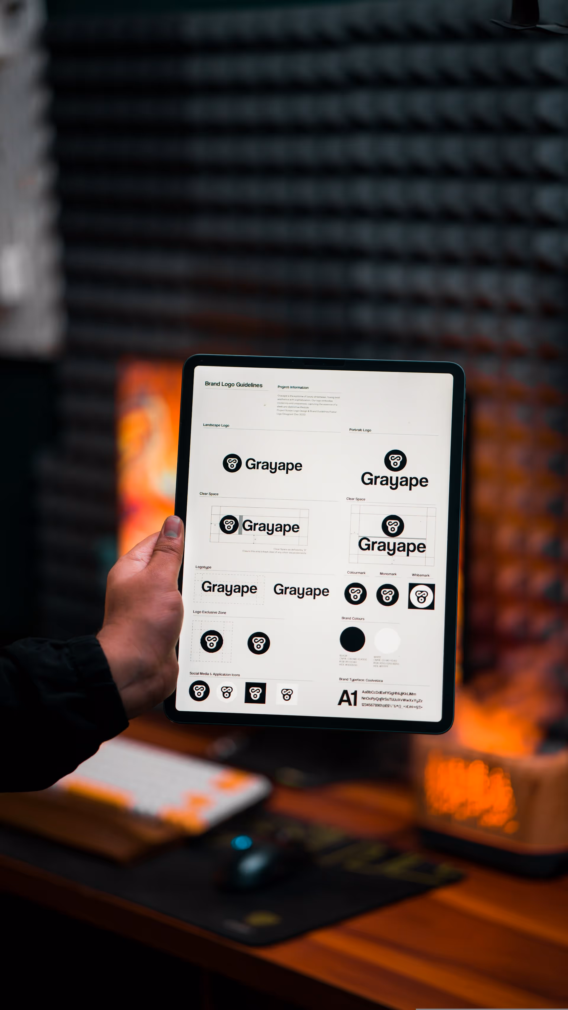 Osoba trzyma tablet z wyświetlanymi wytycznymi dotyczącymi logo marki Grayape na tle biurka i ekranu komputera.
