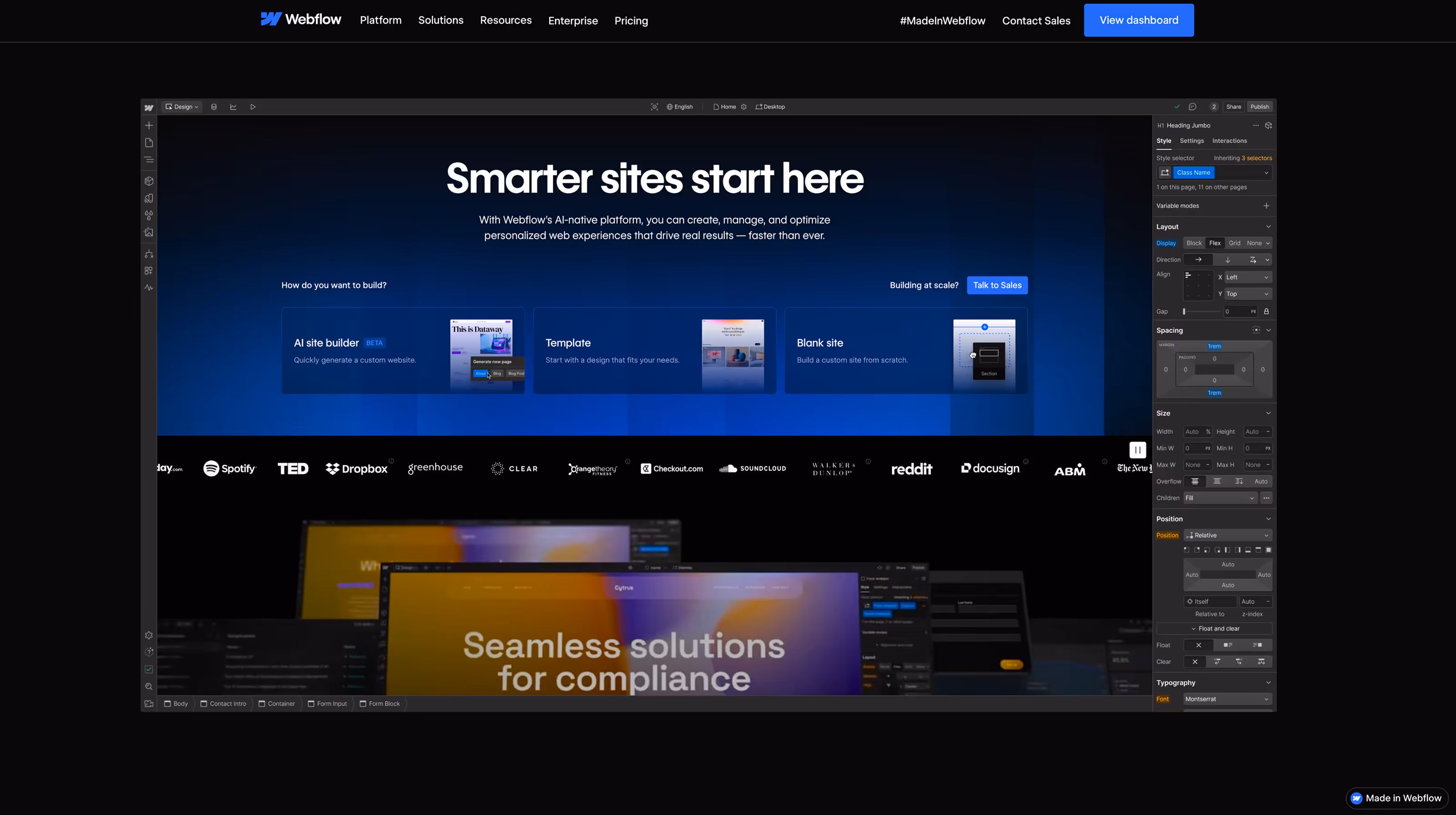 Interfejs platformy Webflow z nagłówkiem "Smarter sites start here" i opcjami budowy stron: AI site builder, Template, Blank site, oraz logotypami znanych firm.