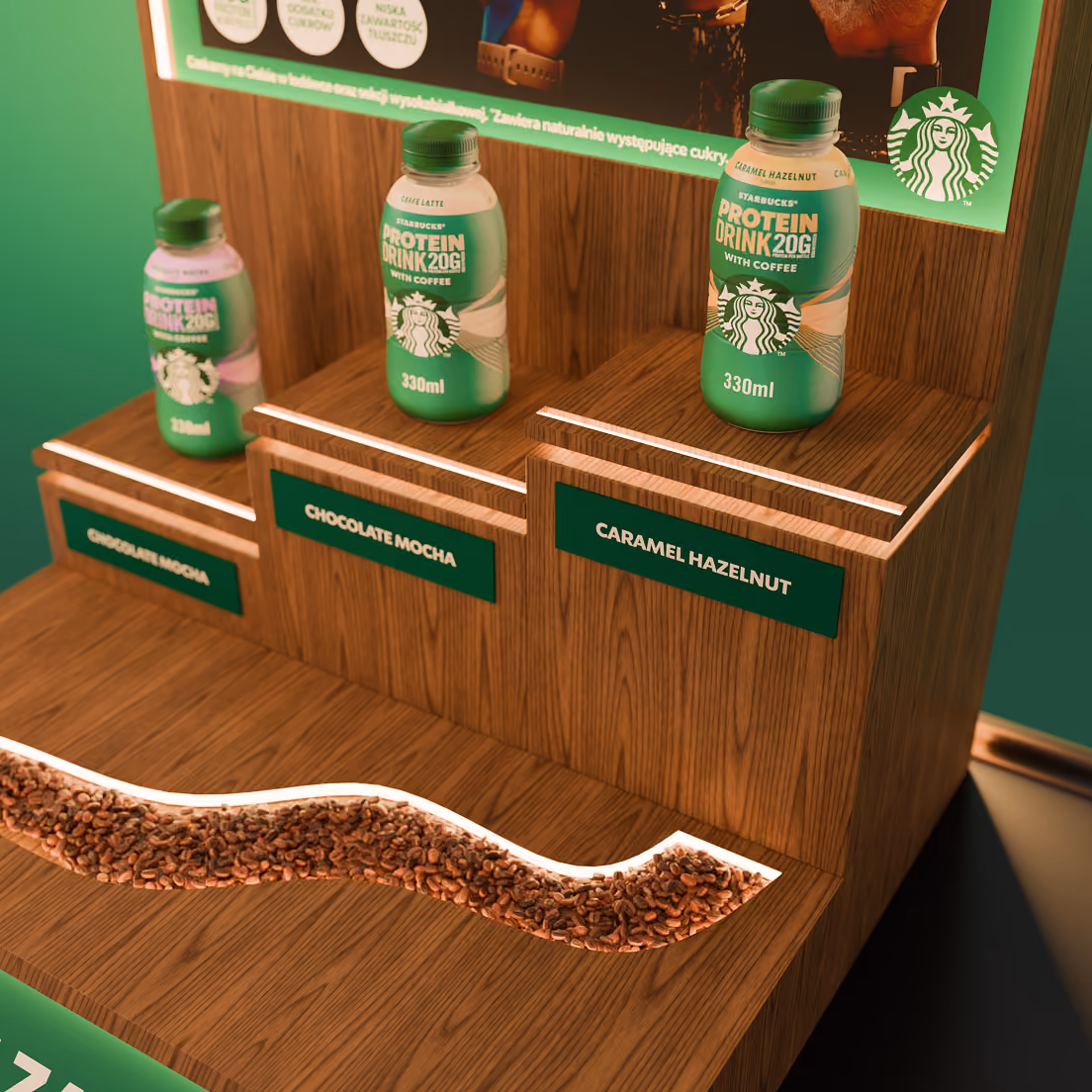 Trzy butelki napoju białkowego Starbucks o smakach: czekoladowa mocha i karmelowe orzechy laskowe.