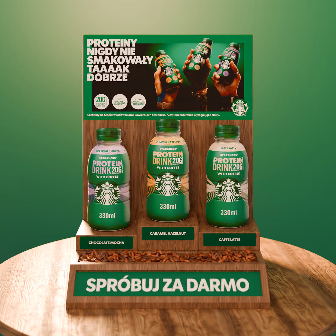 Trzy butelki Starbucks Protein Drink 330 ml: Chocolate Mocha, Caramel Hazelnut, Caffè Latte.