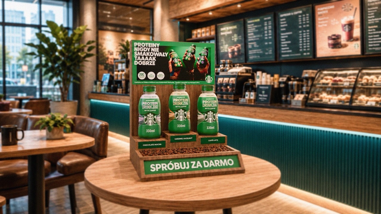 Stoisko w kawiarni Starbucks z trzema butelkami proteinowego napoju z kawą i napisem Spróbuj za darmo.