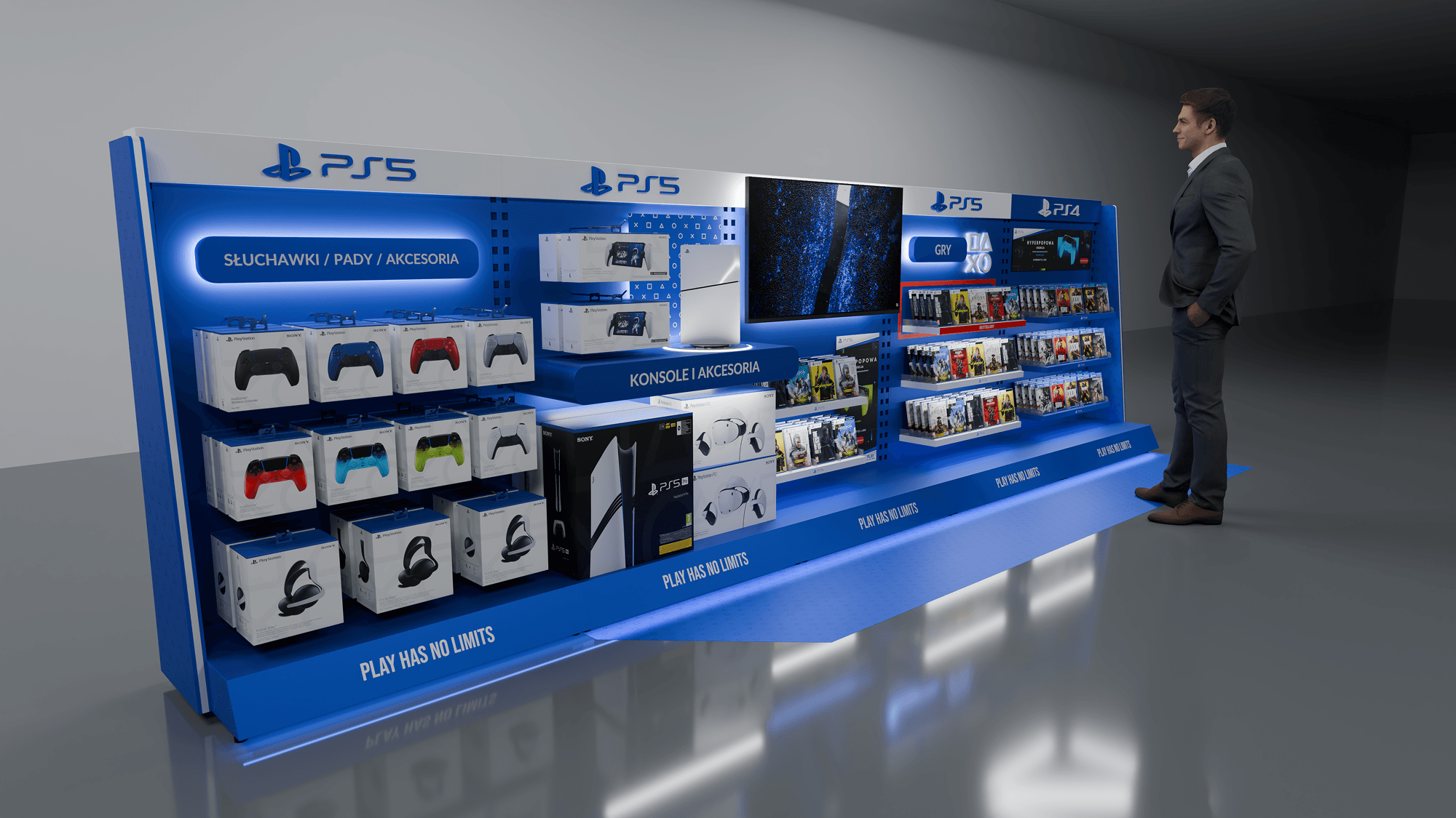Projekt strefy sprzedażowej PlayStation dla MediaMarkt z ekspozycją konsol, akcesoriów i gier – widok perspektywiczny