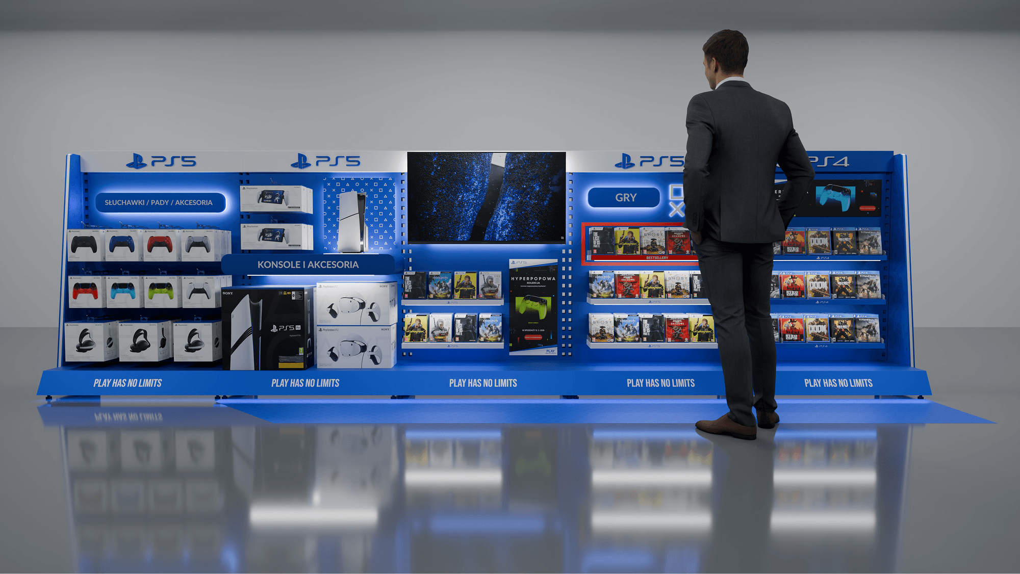 Projekt strefy sprzedażowej PlayStation dla MediaMarkt – wizualizacja 3D ekspozycji konsol, akcesoriów i gier