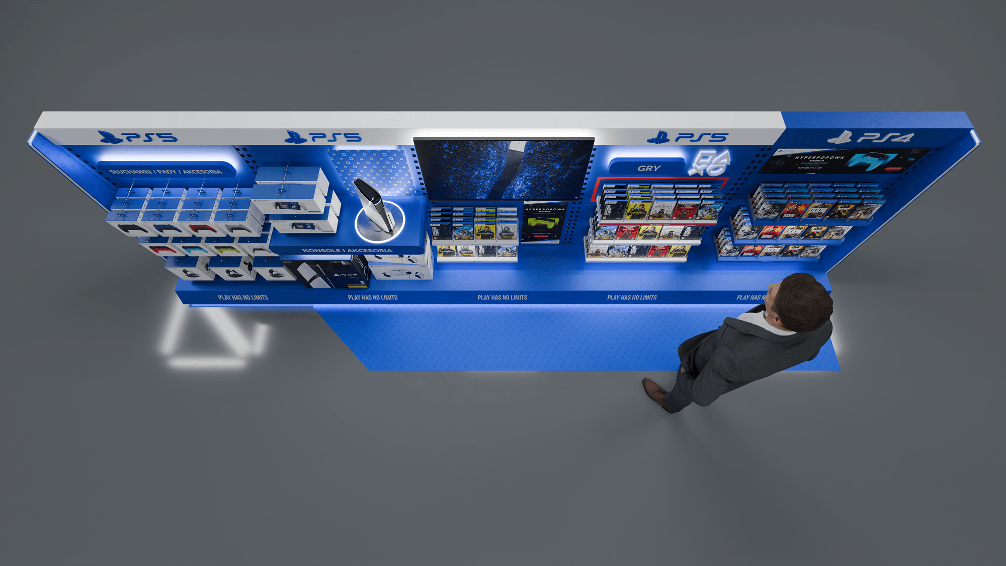 Widok z góry projektu strefy sprzedażowej PlayStation dla MediaMarkt – układ pięciu segmentów ekspozycyjnych