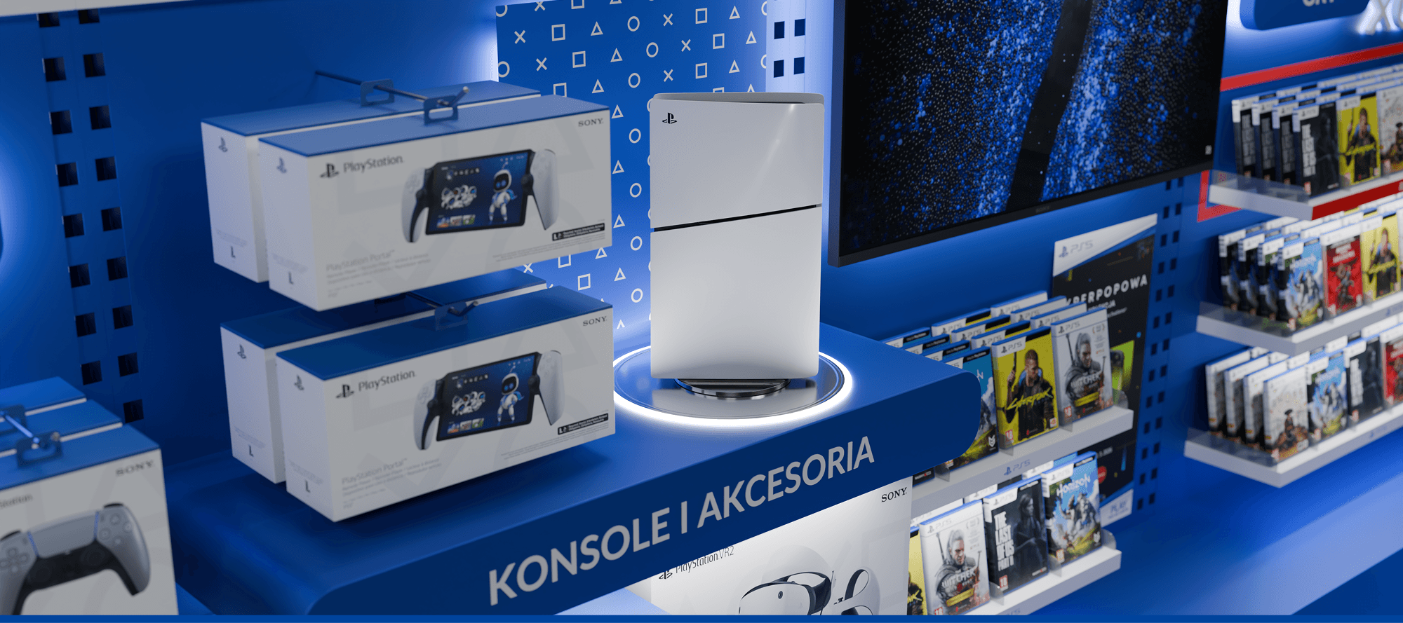 Projekt ekspozycji konsoli PlayStation 5 w strefie sprzedażowej MediaMarkt – detal wizualizacji 3D