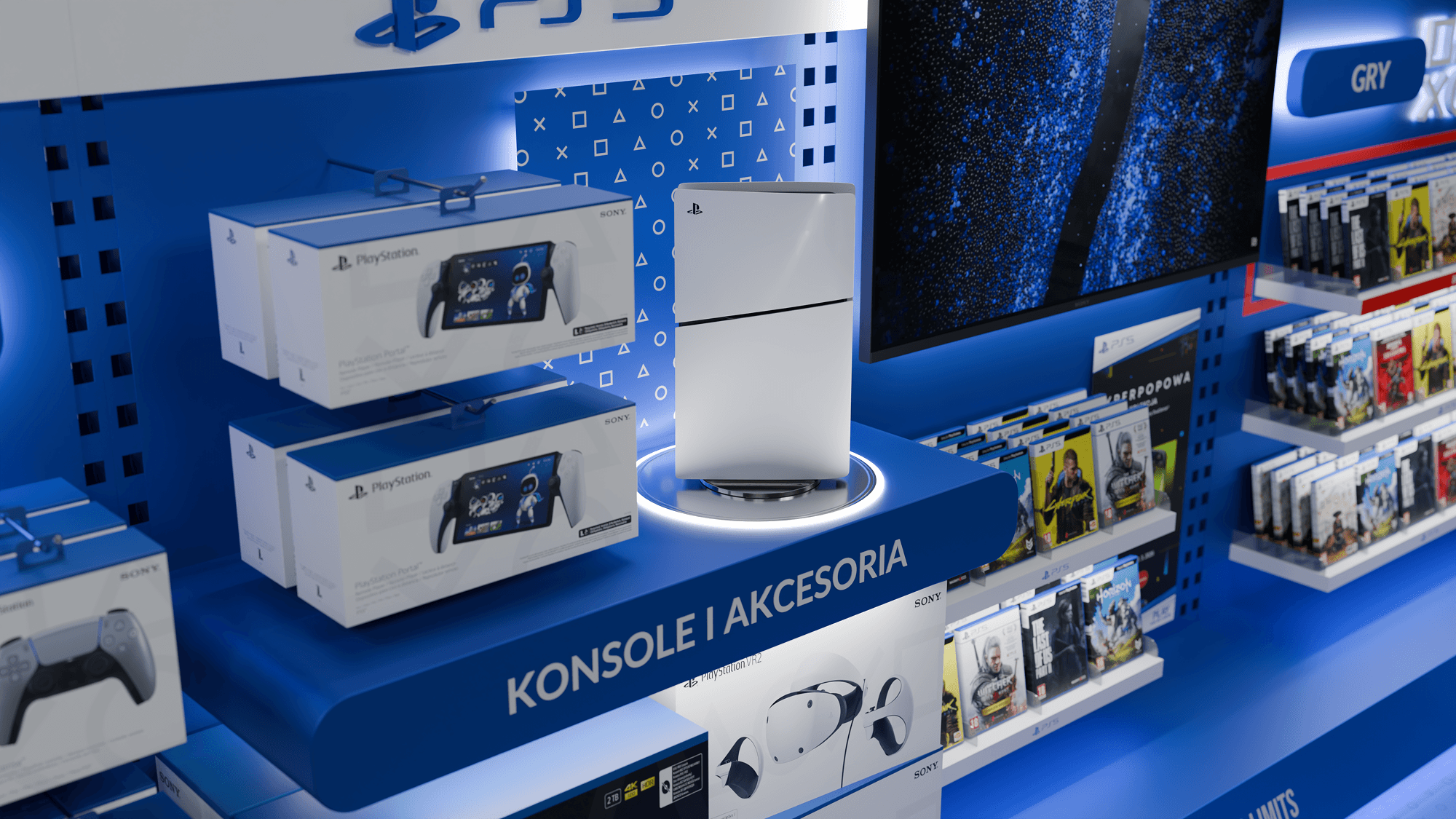 Projekt ekspozycji konsoli PlayStation 5 w strefie sprzedażowej MediaMarkt – detal wizualizacji 3D