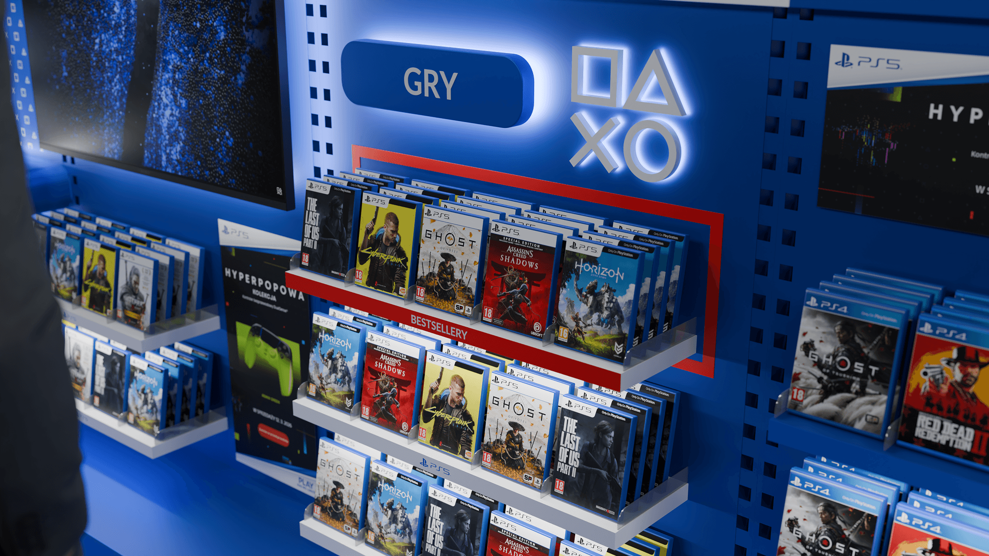 Projekt ekspozycji gier PlayStation 5 w strefie sprzedażowej MediaMarkt – detal wizualizacji 3D