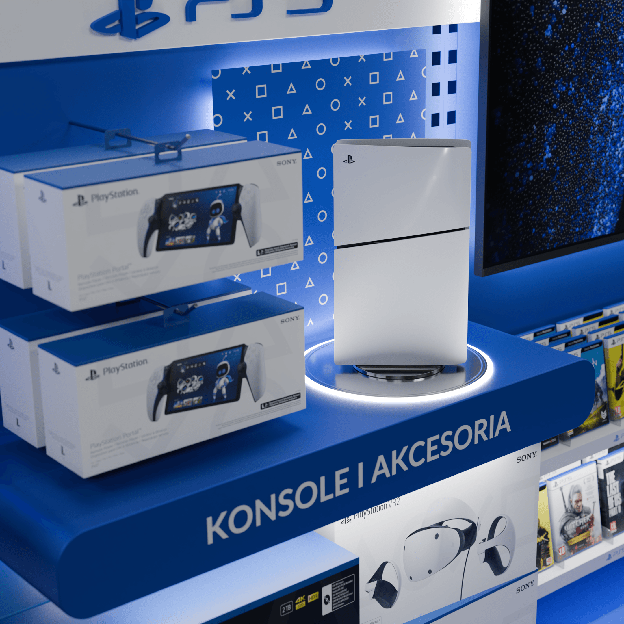 Projekt ekspozycji konsoli PlayStation 5 w strefie sprzedażowej MediaMarkt – detal wizualizacji 3D