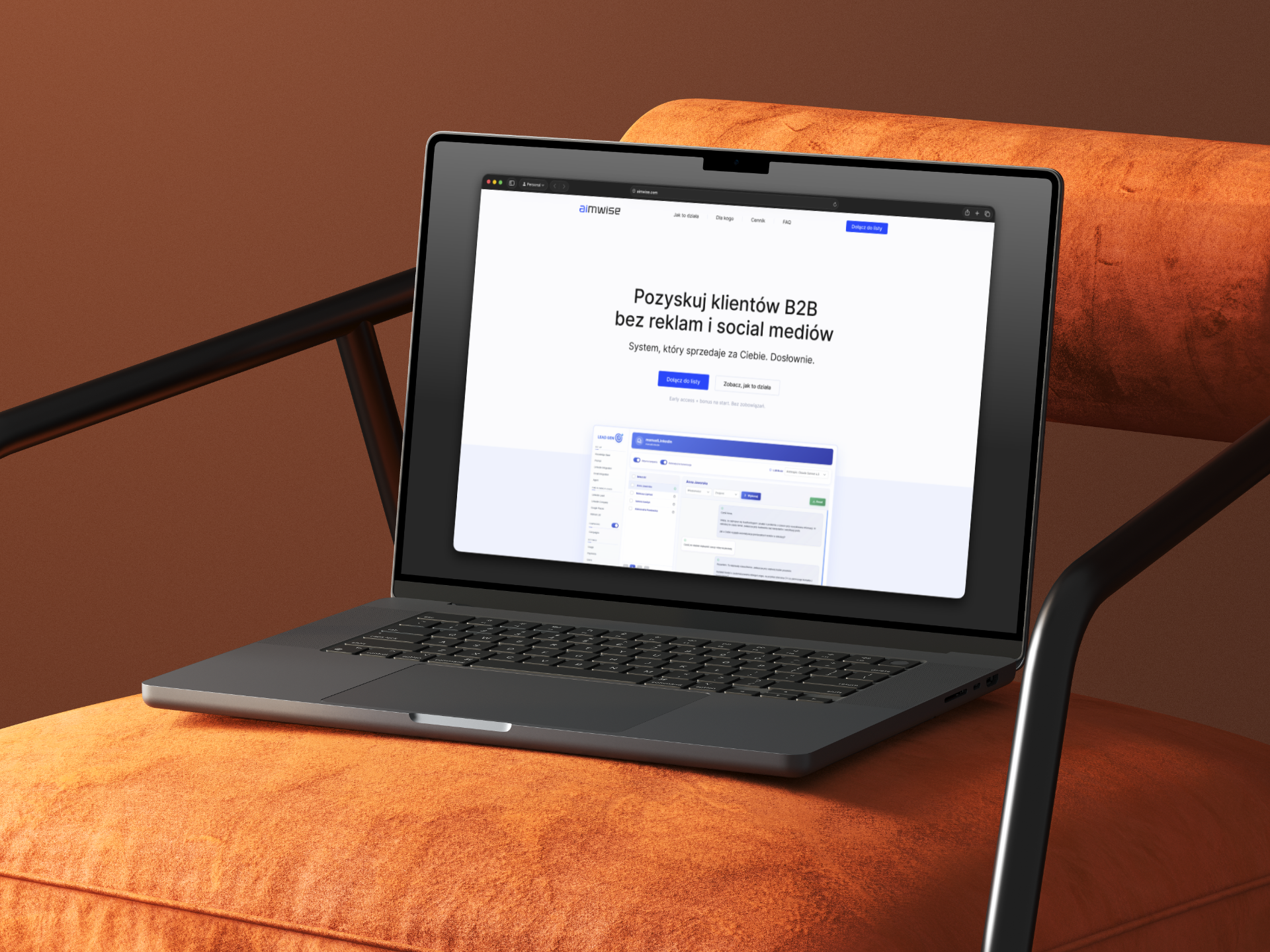 Landing page Aimwise na laptopie — finalny projekt strony SaaS B2B