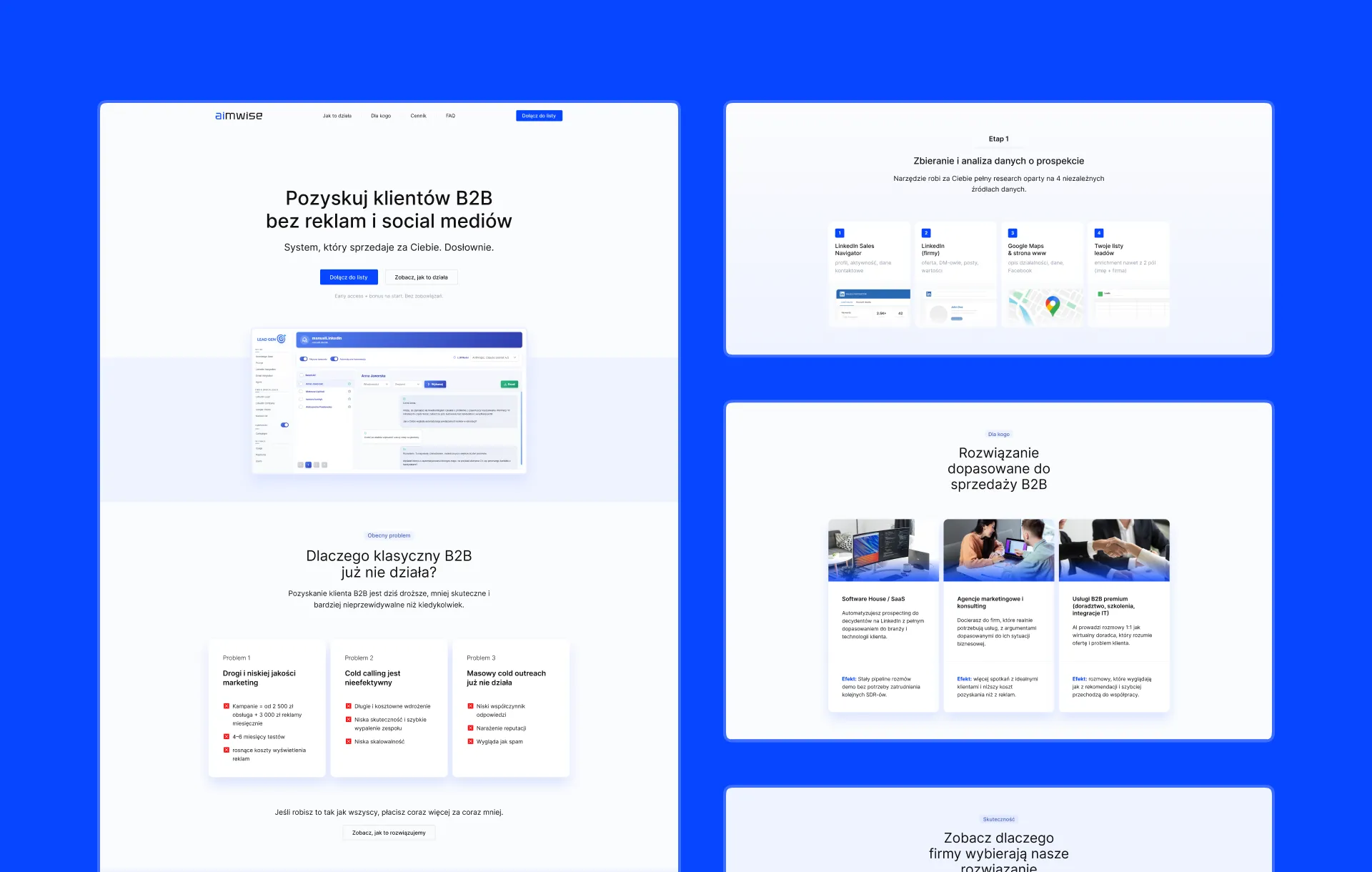 Aimwise — wybrane sekcje interfejsu landing page w finalnym projekcie