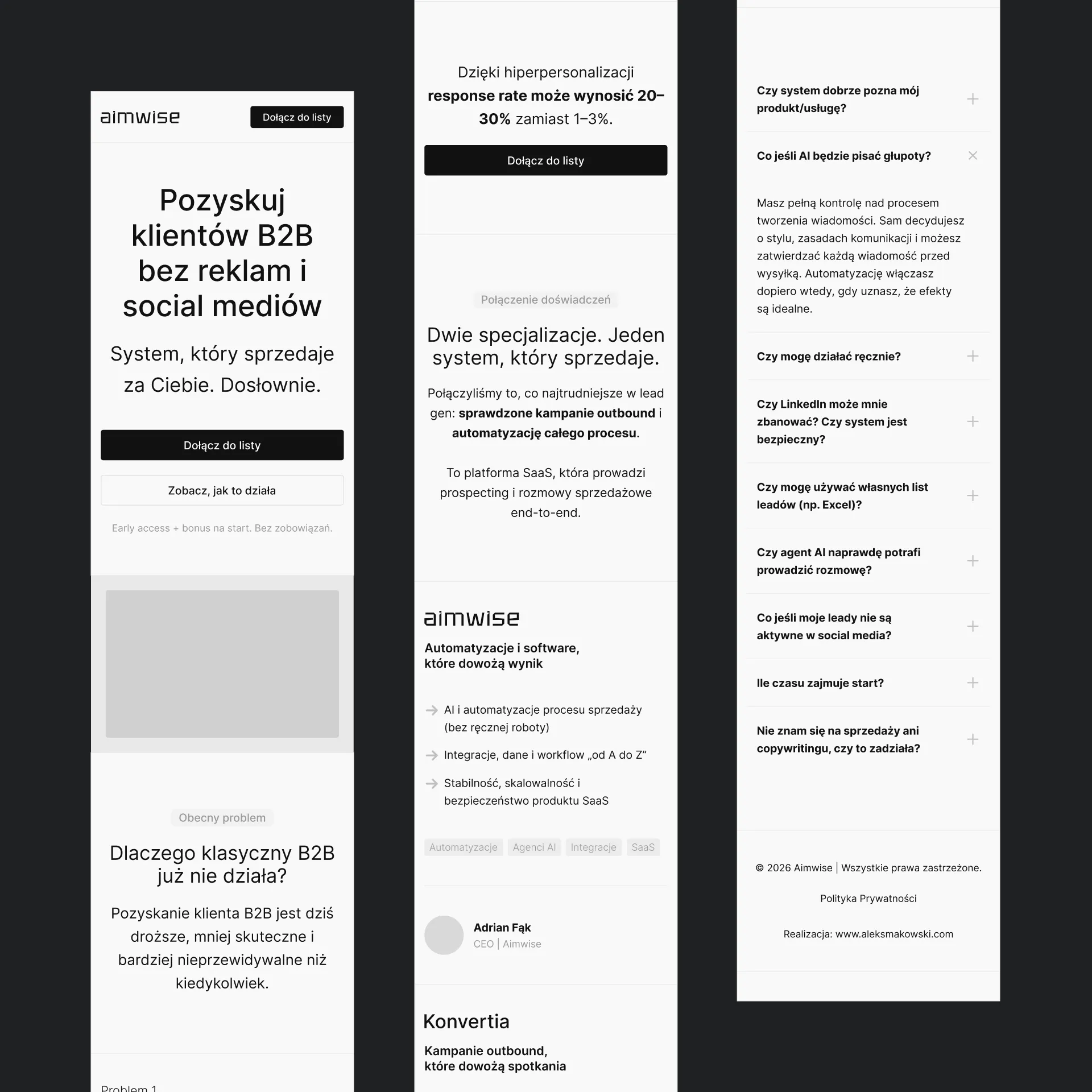 Aimwise — widoki mobilnej wersji landing page SaaS B2B