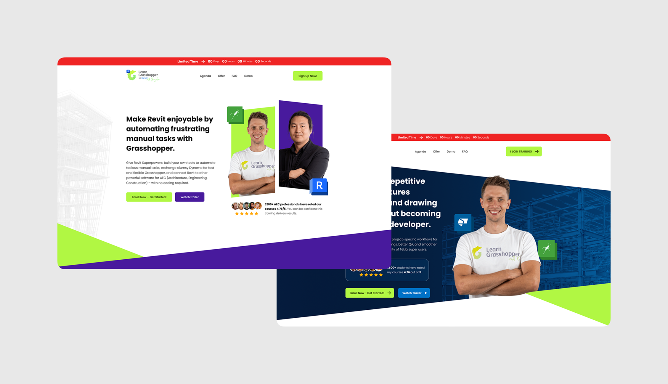 Karty szkoleń LearnGrasshopper z poziomem, wymaganiami, celem i informacją o prowadzącym