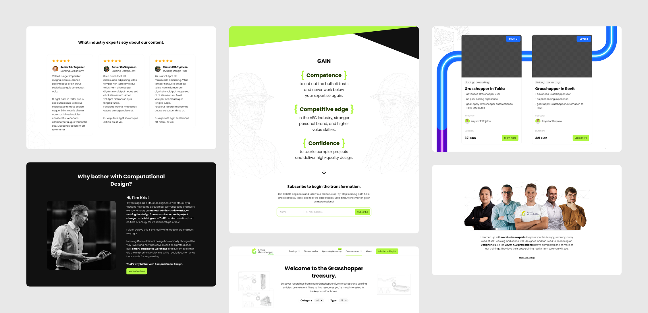 Spójny system landing pages i komponentów zaprojektowany dla szkoleń LearnGrasshopper