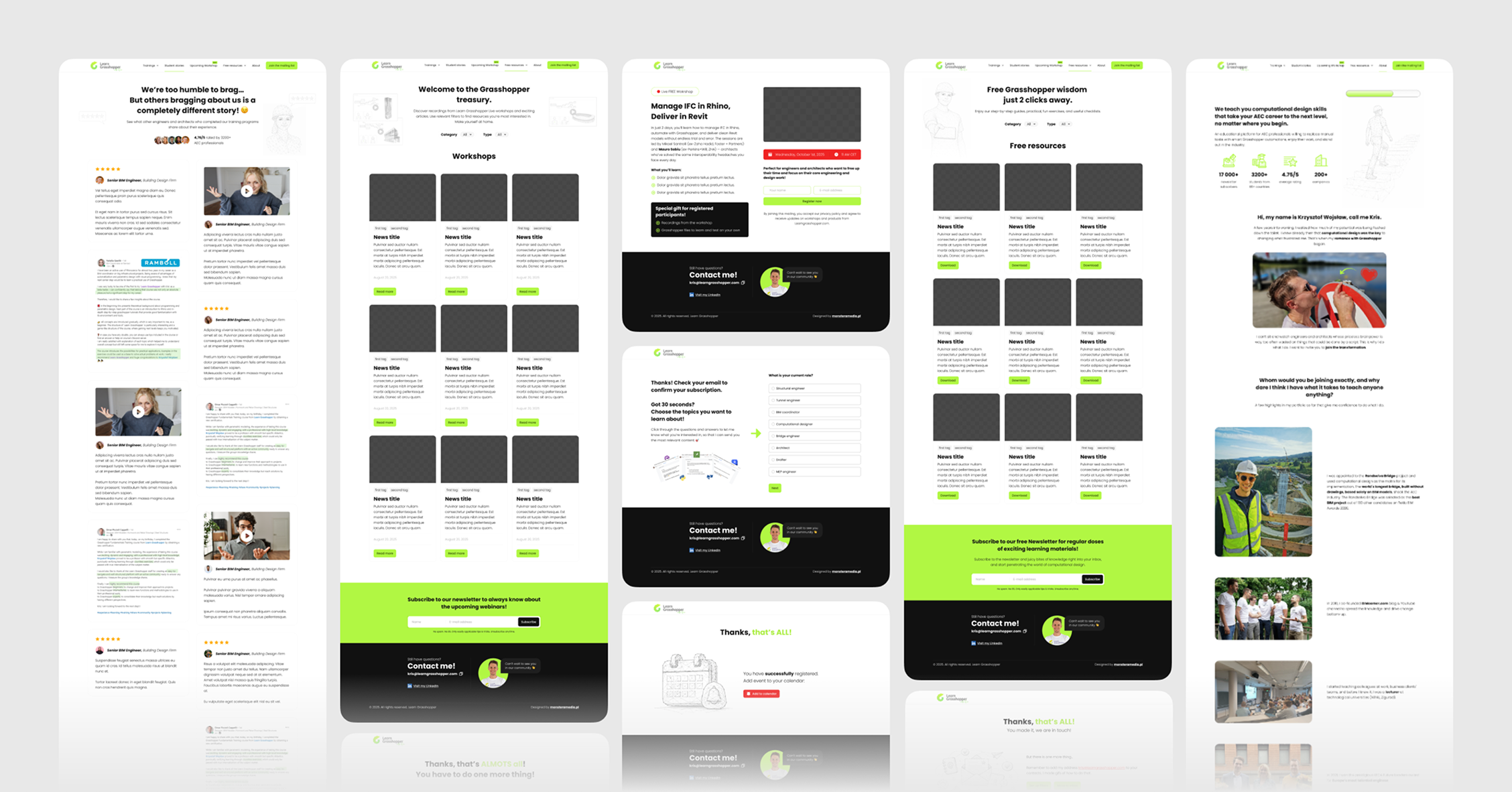 Zestaw podstron LearnGrasshopper obejmujący kursy, warsztaty, materiały i historie kursantów
