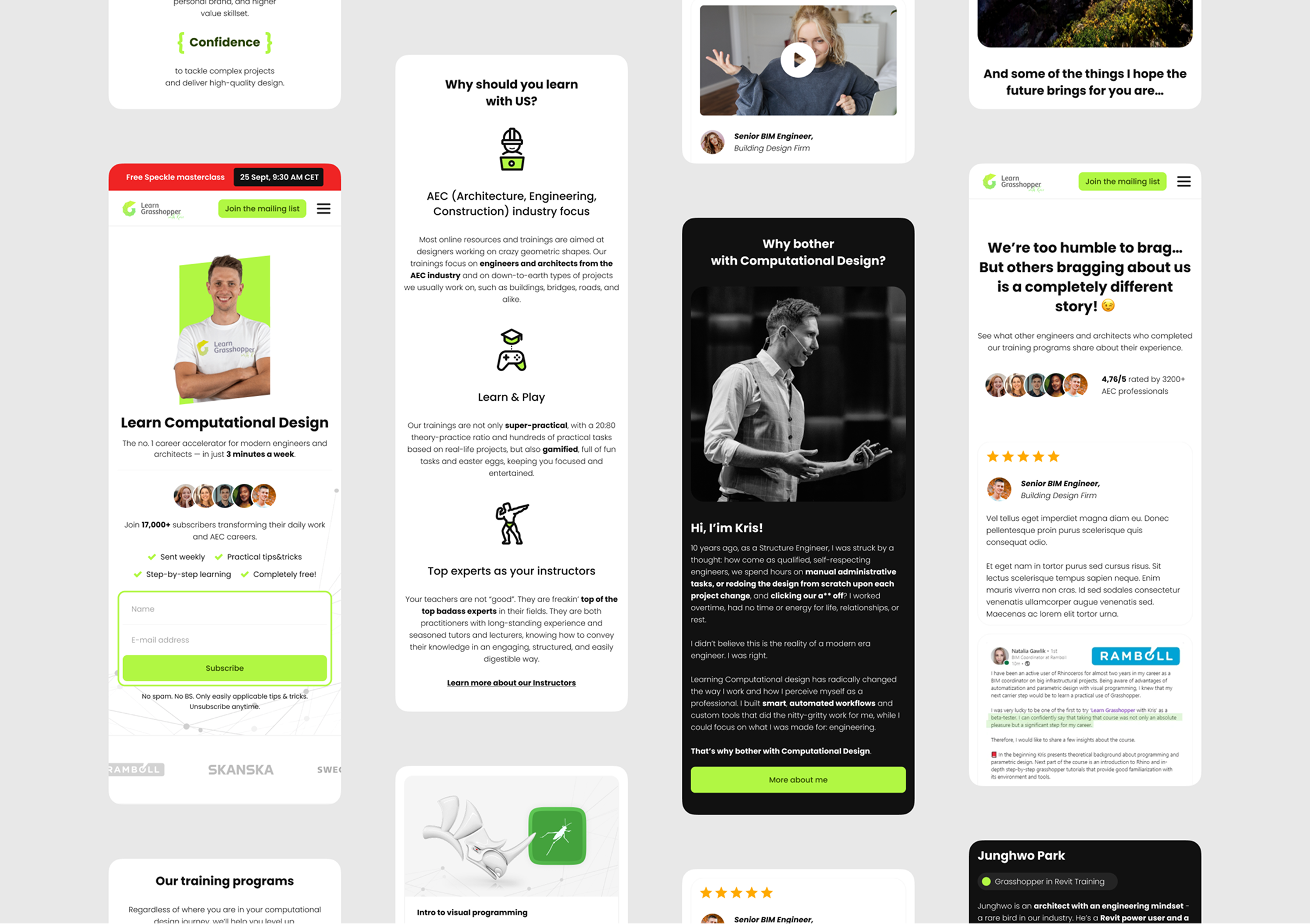 Mobilne widoki platformy LearnGrasshopper zaprojektowane dla różnych typów podstron