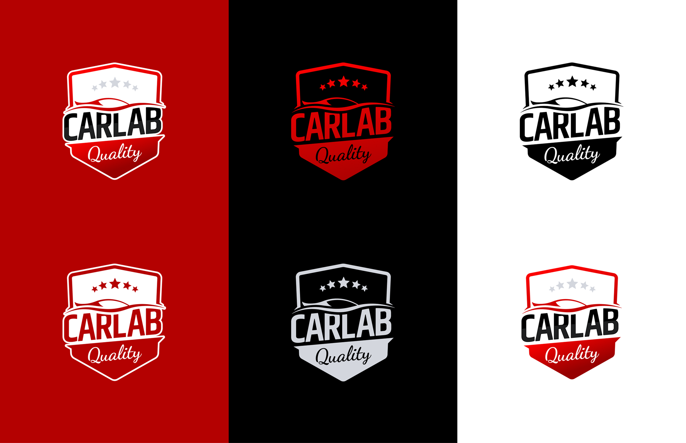 Warianty logo CAR LAB Quality na czerwonym, czarnym i białym tle