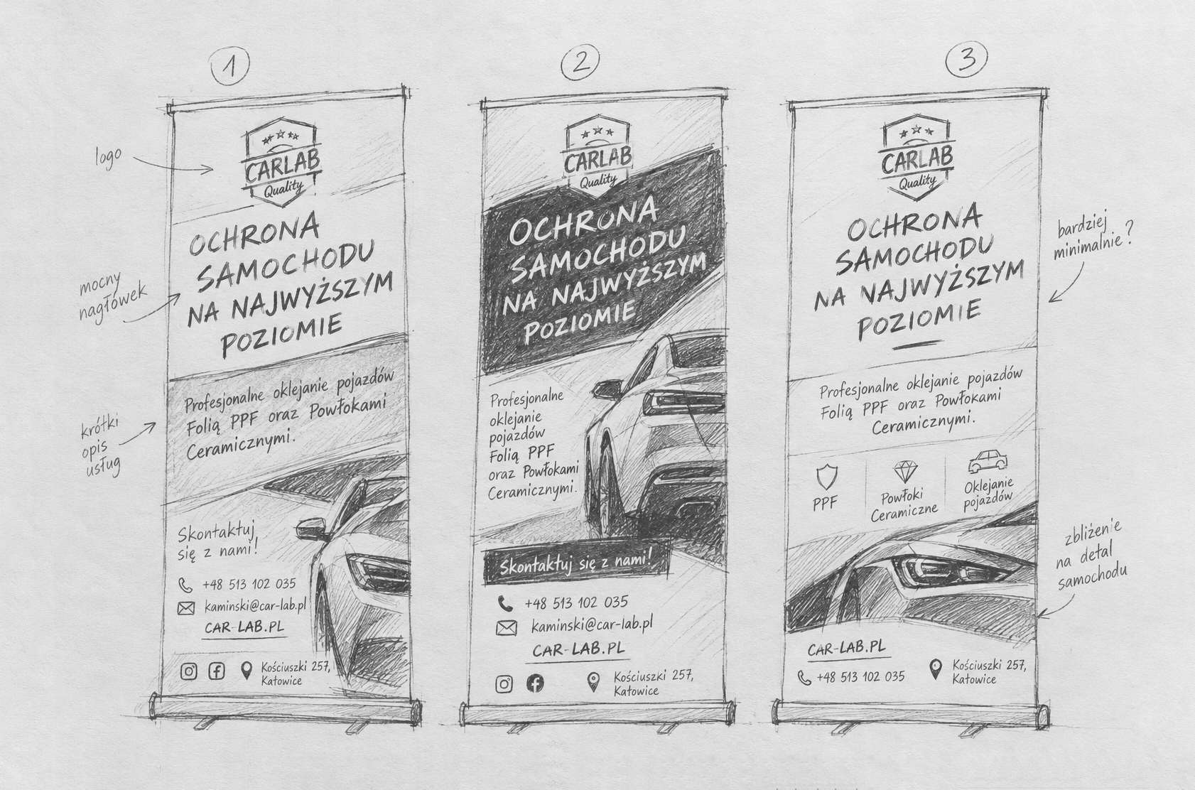 Szkice koncepcyjne roll-upu CAR LAB pokazujące różne warianty układu treści i grafiki