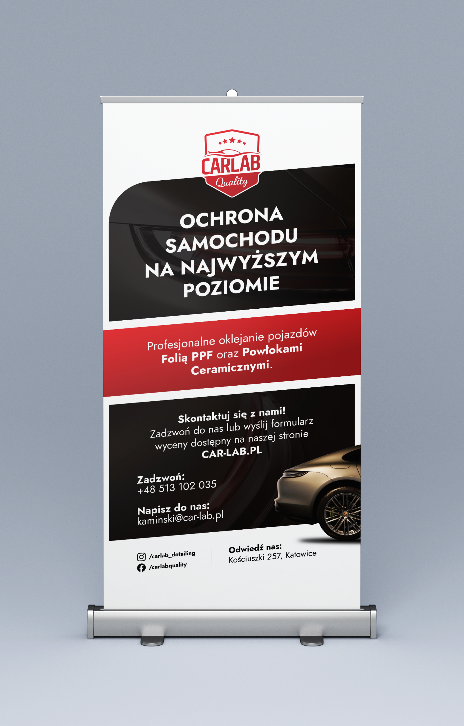 Projekt roll-upu CAR LAB promującego oklejanie samochodów folią PPF i powłoki ceramiczne – widok pod kątem