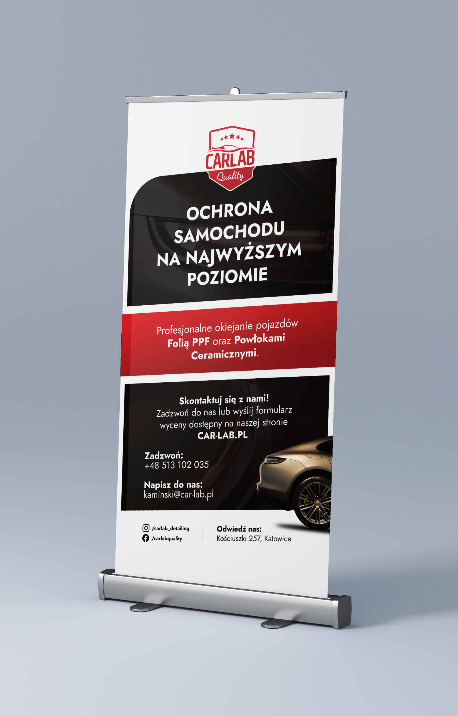 Projekt roll-upu CAR LAB z ofertą folii PPF i powłok ceramicznych – widok frontalny