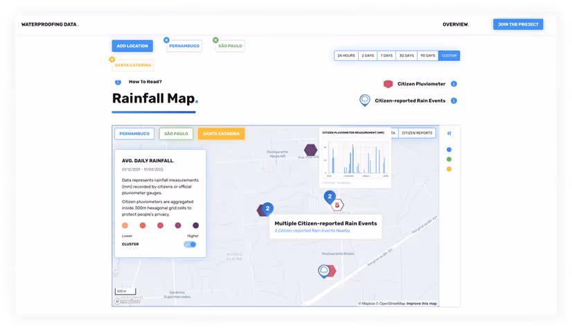 Screenshot showing Rainfall map from Waterproofing Data dashboard