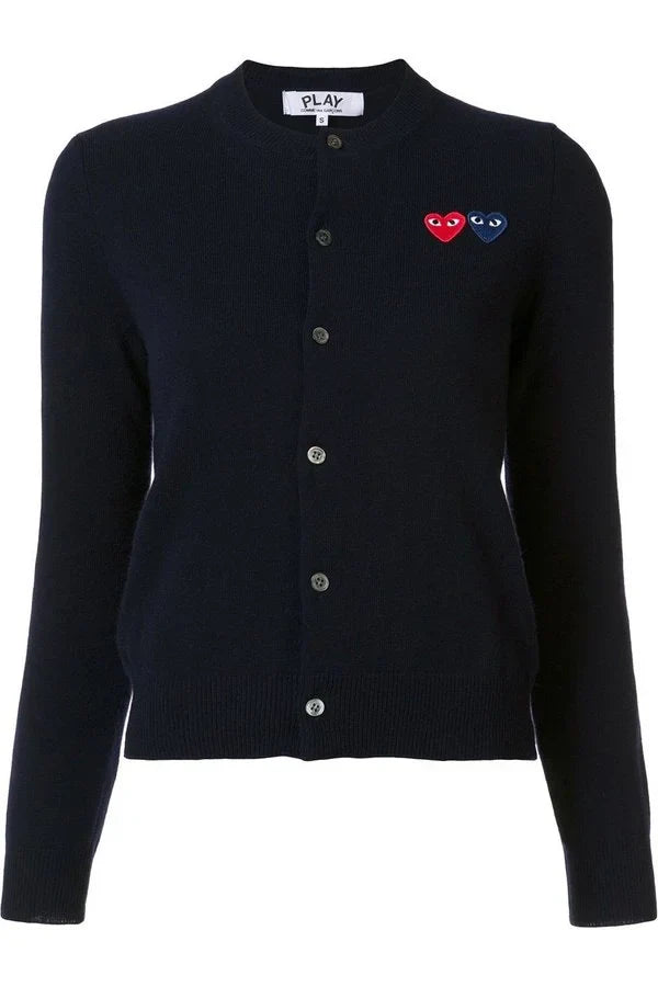 Women's Red & Blue Heart Crew Neck Play Cardigan