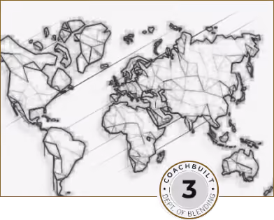 Minimalistic world map with polygonal outlines and a circular badge labeled 'Coach Built 3 Dept. of Blending' on the lower right.