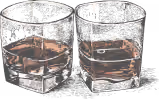 Two square glass tumblers filled with whiskey and ice cubes on a dark surface.