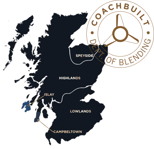 Map of Scotland highlighting whisky regions Speyside, Highlands, Islay, Lowlands, and Campbeltown with a Coachbuilt Dept. of Blending emblem.