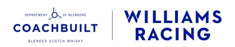 Coachbuilt blended Scotch whisky logo alongside Williams Racing logo in blue.